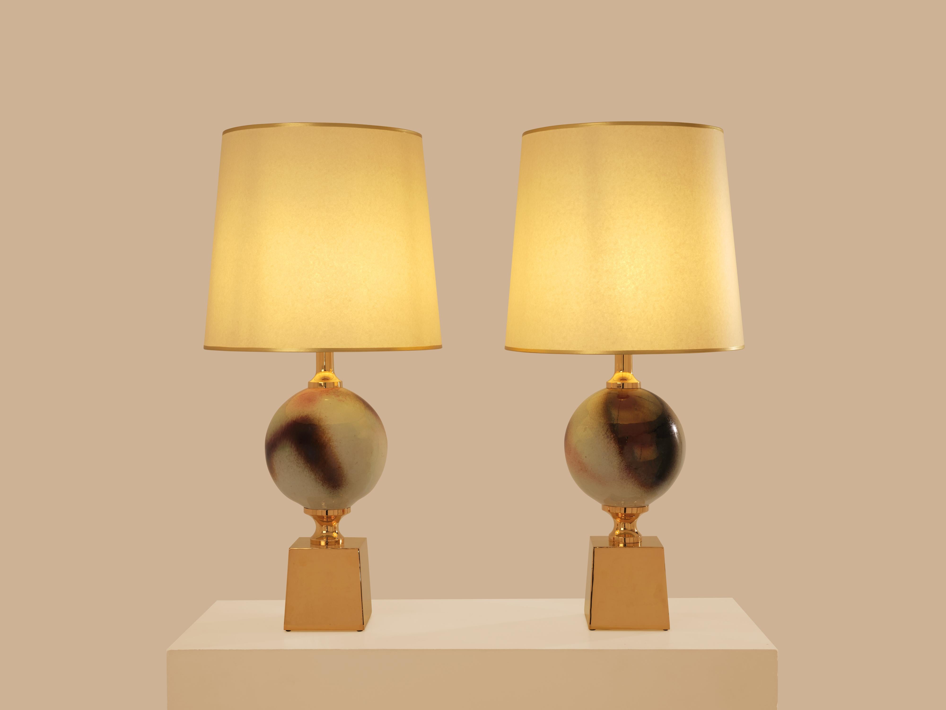 Mid-Century Modern Philippe Barbier pair of large ceramic and brass table lamps 1970s For Sale