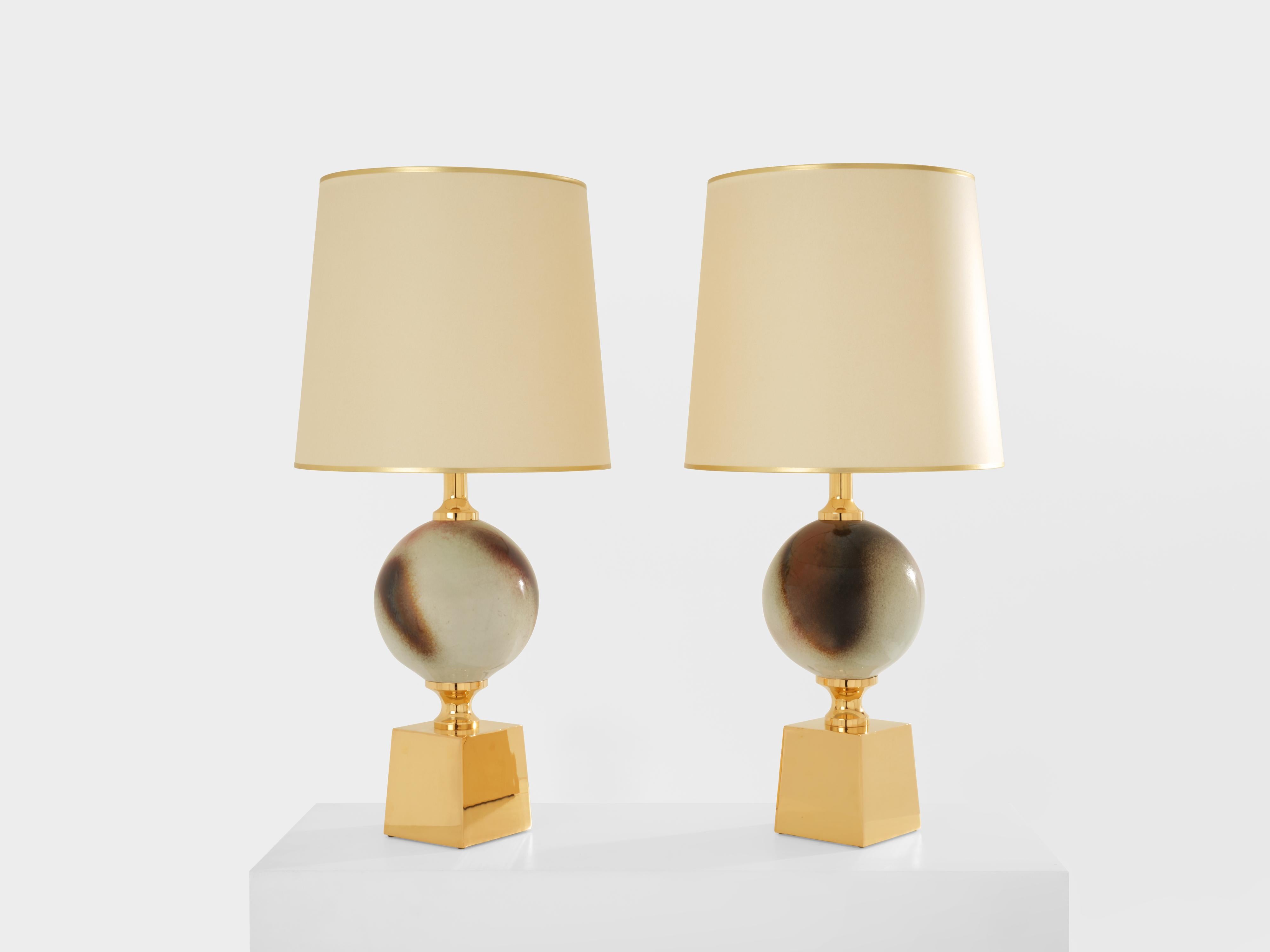 French Philippe Barbier pair of large ceramic and brass table lamps 1970s For Sale