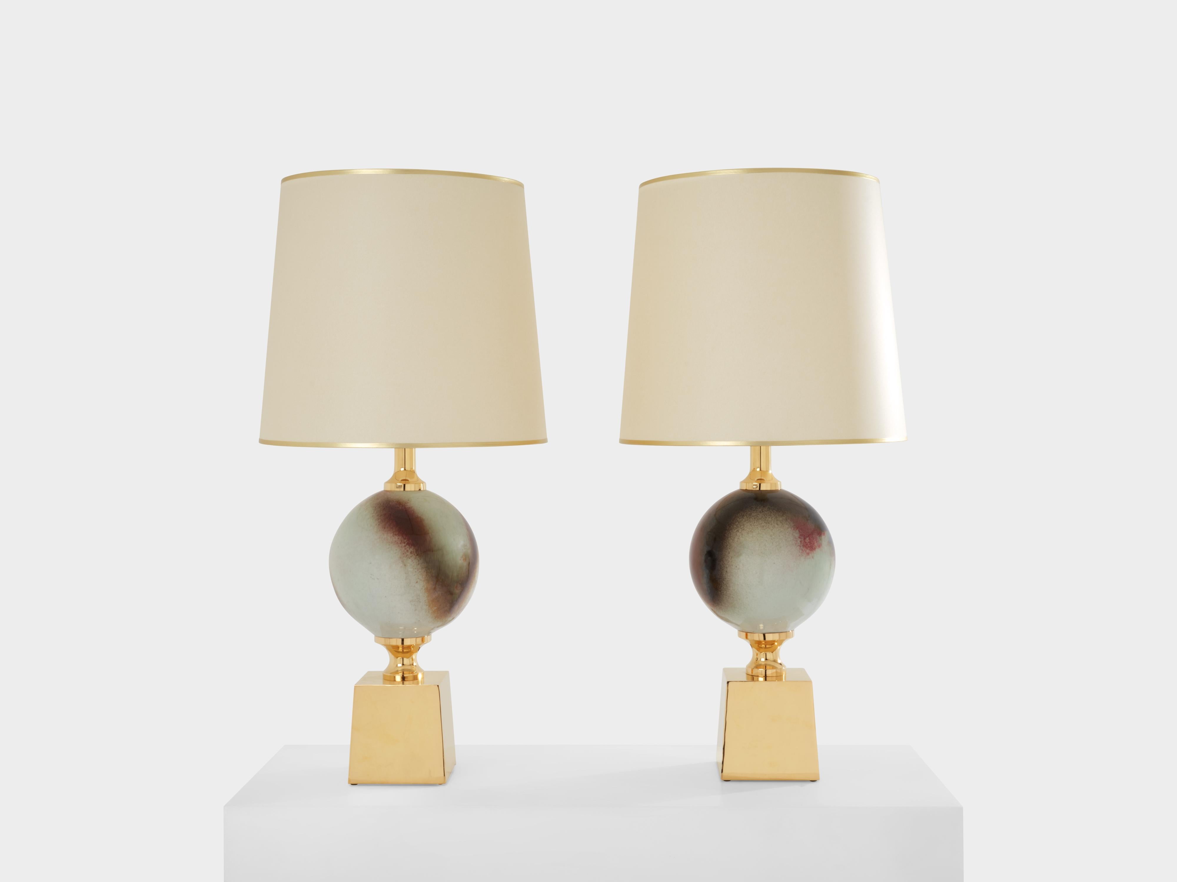 Philippe Barbier pair of large ceramic and brass table lamps 1970s In Good Condition For Sale In Paris, IDF
