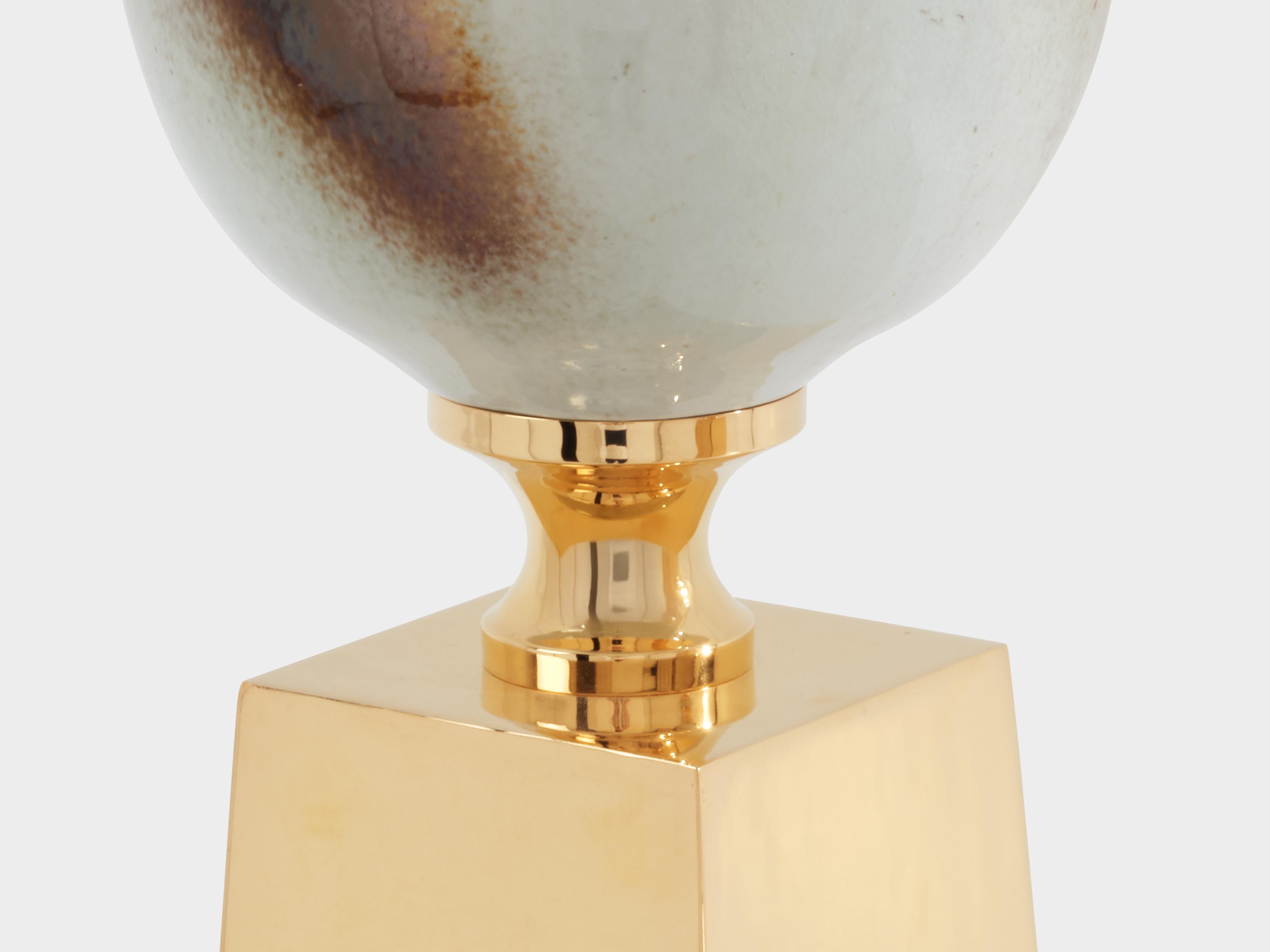 Brass Philippe Barbier pair of large ceramic and brass table lamps 1970s For Sale