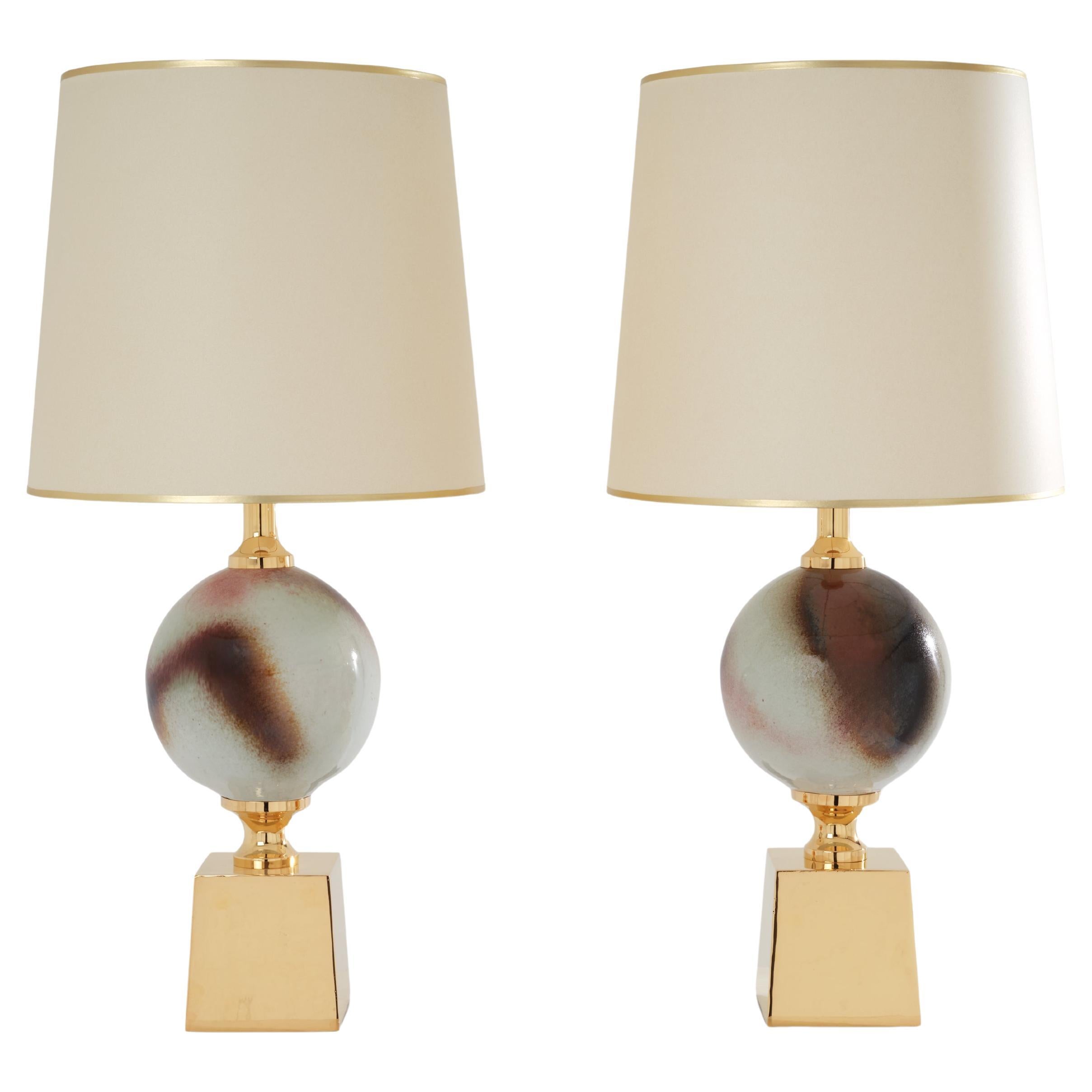 Philippe Barbier pair of large ceramic and brass table lamps 1970s For Sale