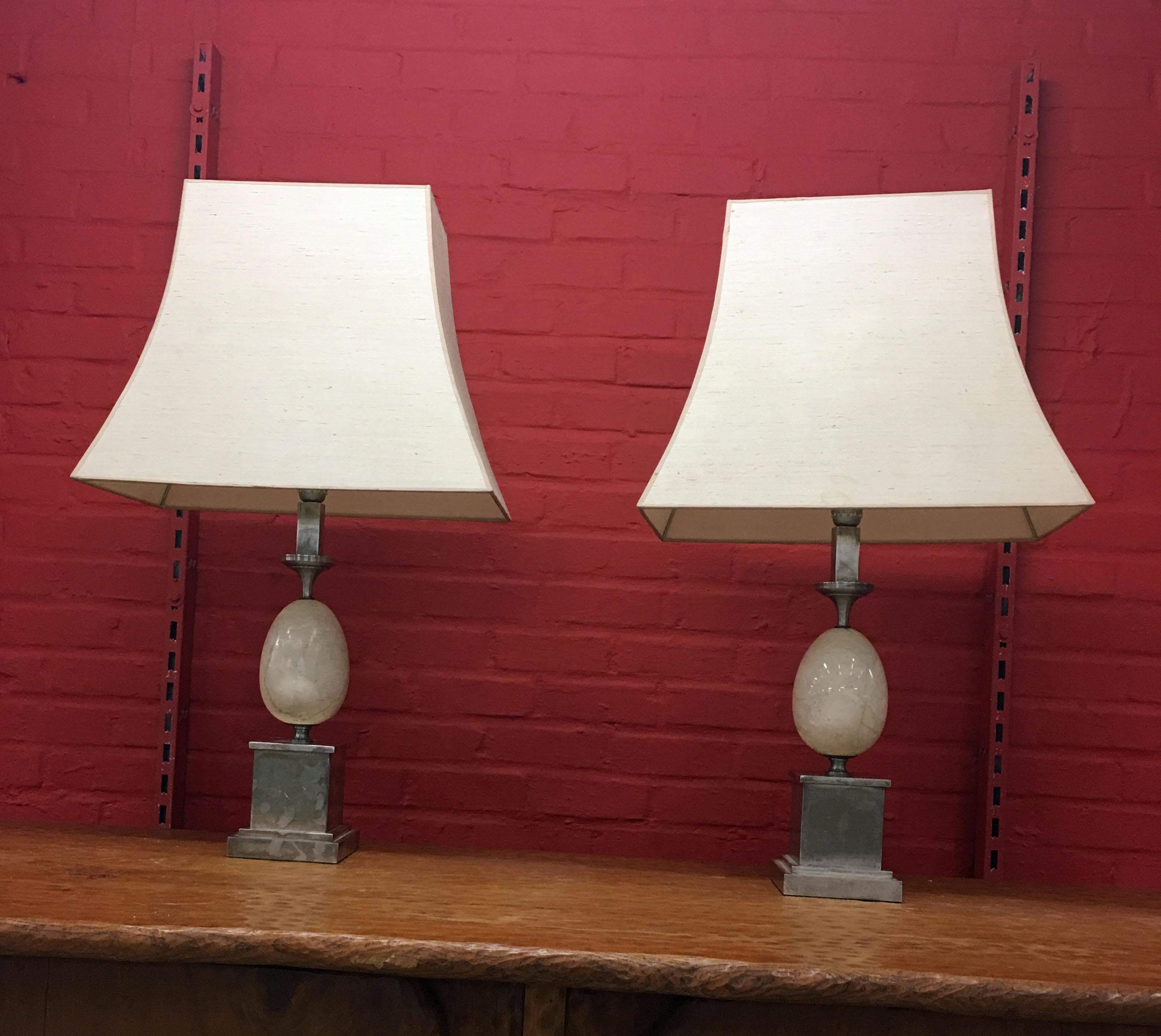 Philippe Barbier, Pair of Metal Lamps Nikele and Travertine, circa 1960 For Sale 4