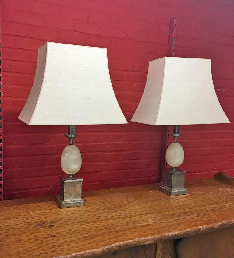 Mid-20th Century Philippe Barbier, Pair of Metal Lamps Nikele and Travertine, circa 1960 For Sale