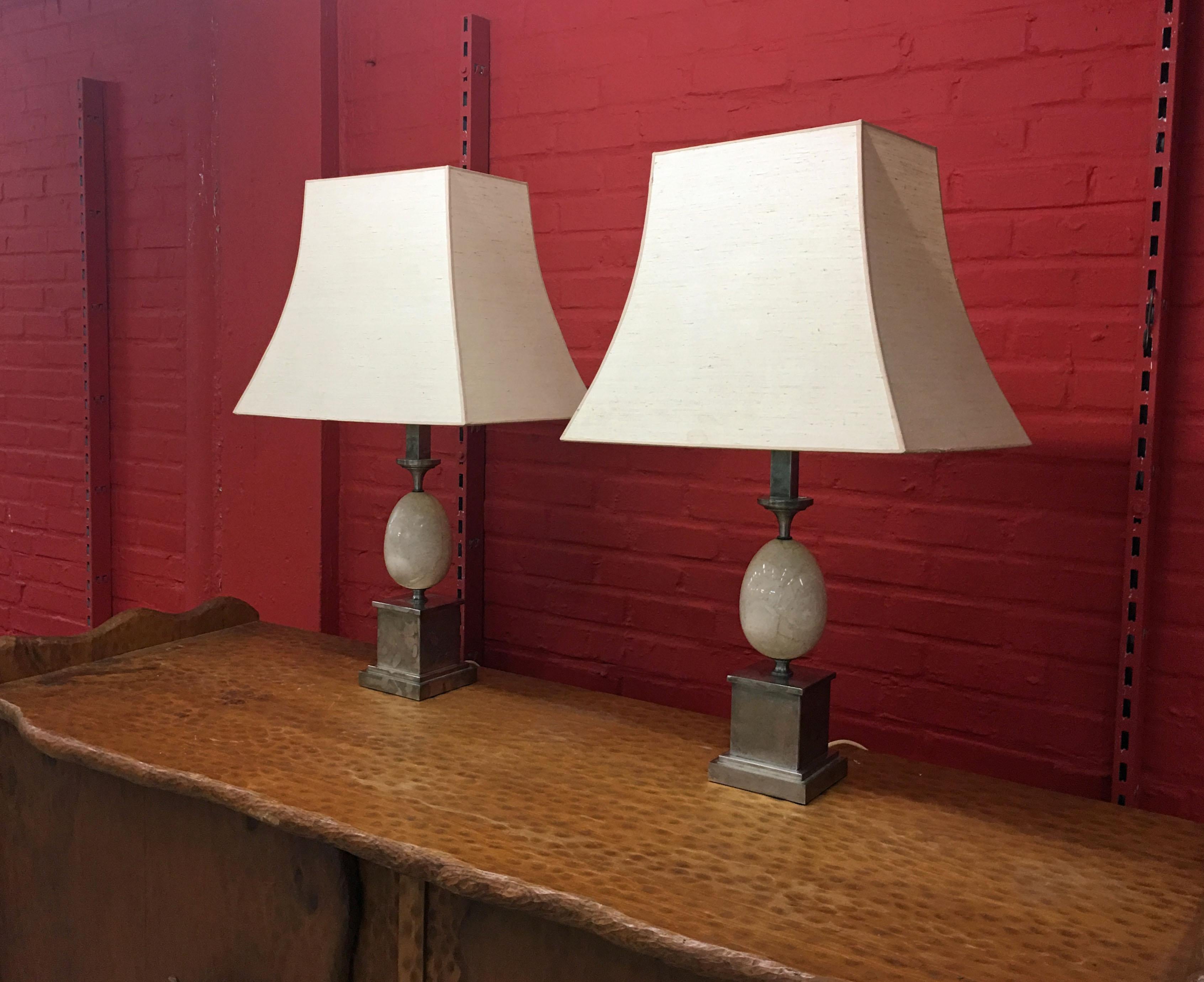 Philippe Barbier, Pair of Metal Lamps Nikele and Travertine, circa 1960 For Sale 2