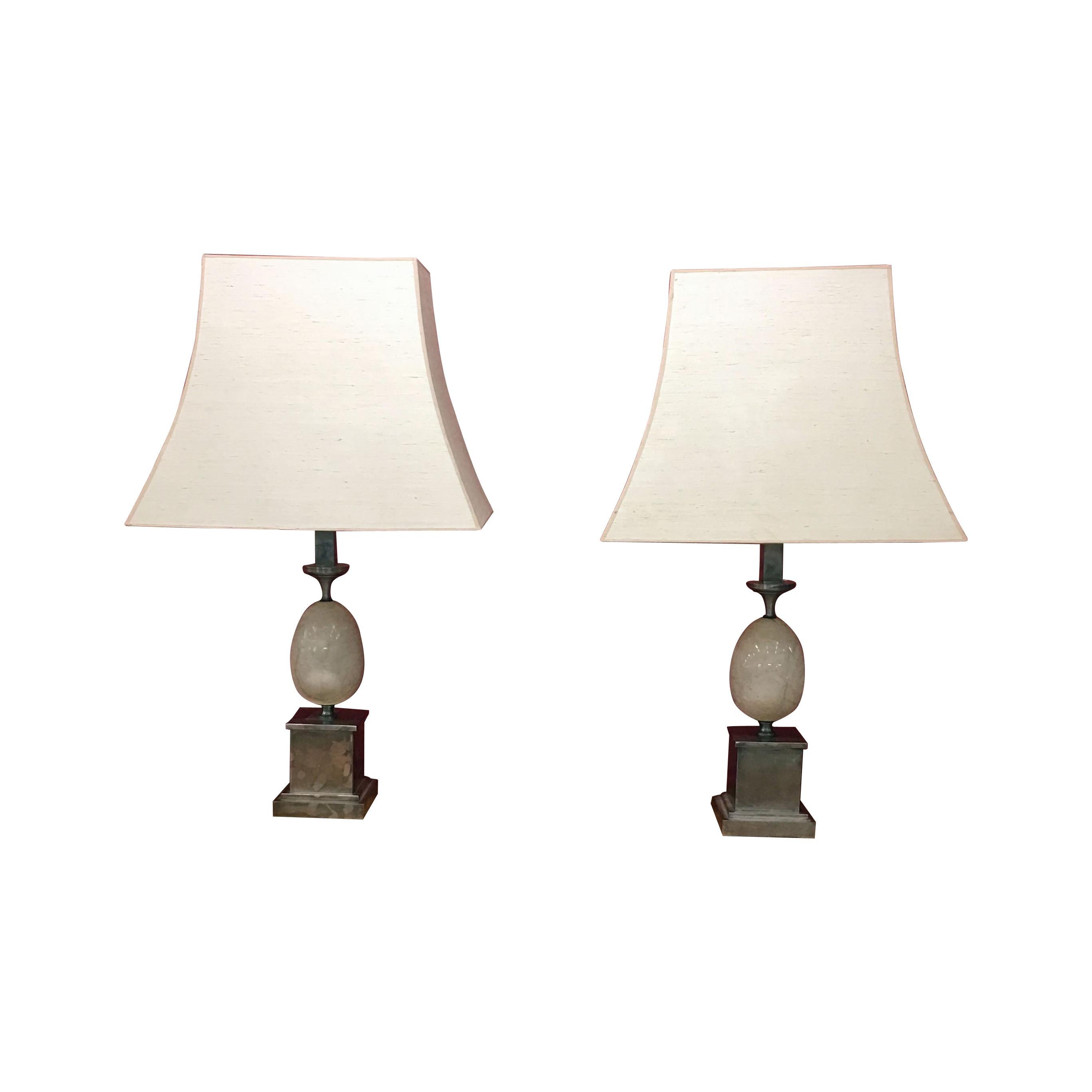 Philippe Barbier, Pair of Metal Lamps Nikele and Travertine, circa 1960 For Sale