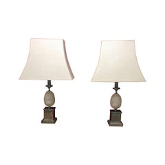 Vintage Philippe Barbier, Pair of Metal Lamps Nikele and Travertine, circa 1960