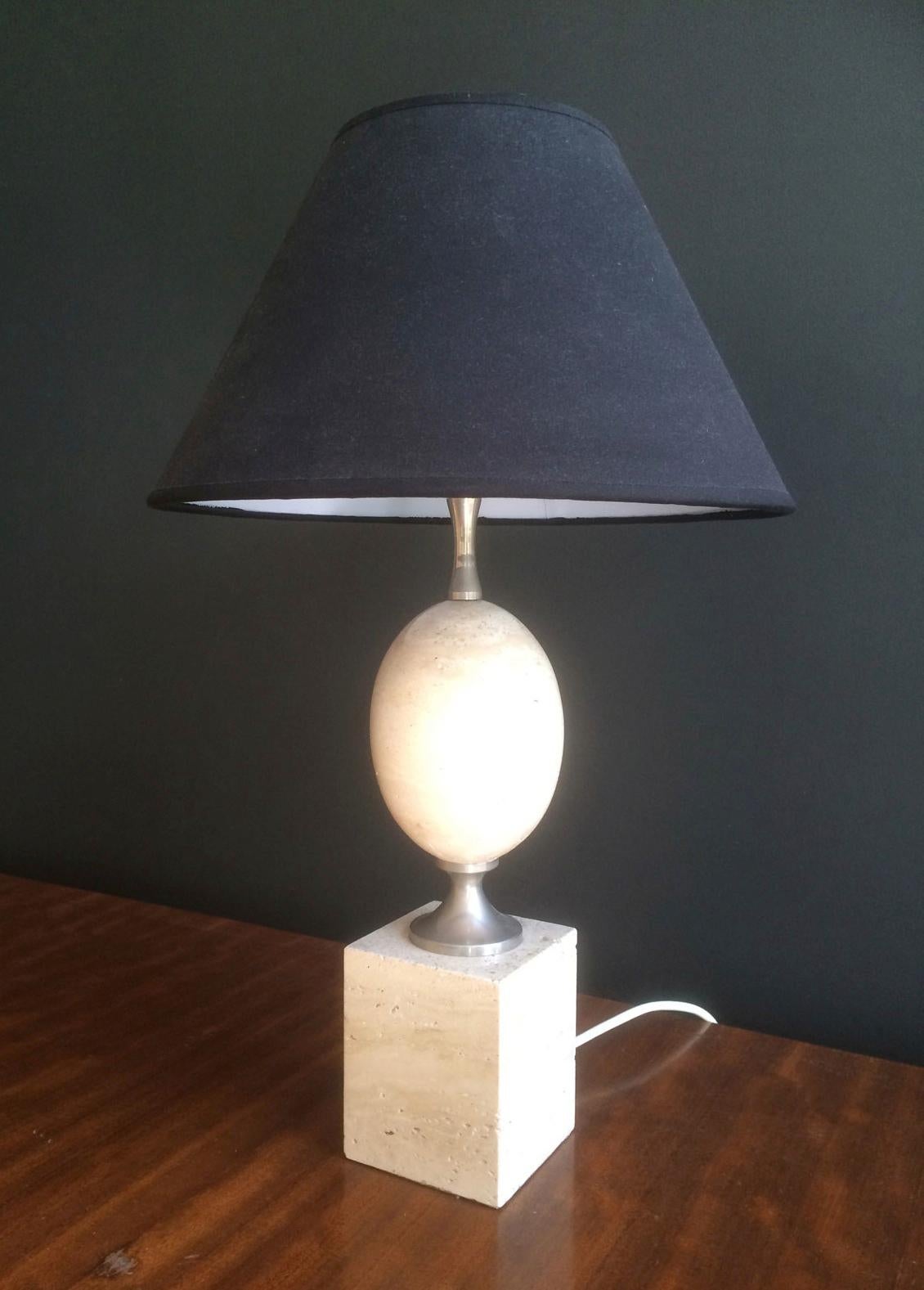 Philippe Barbier, lampe en travertin et en chrome, vers 1970 Bon état - En vente à Marcq-en-Barœul, Hauts-de-France
