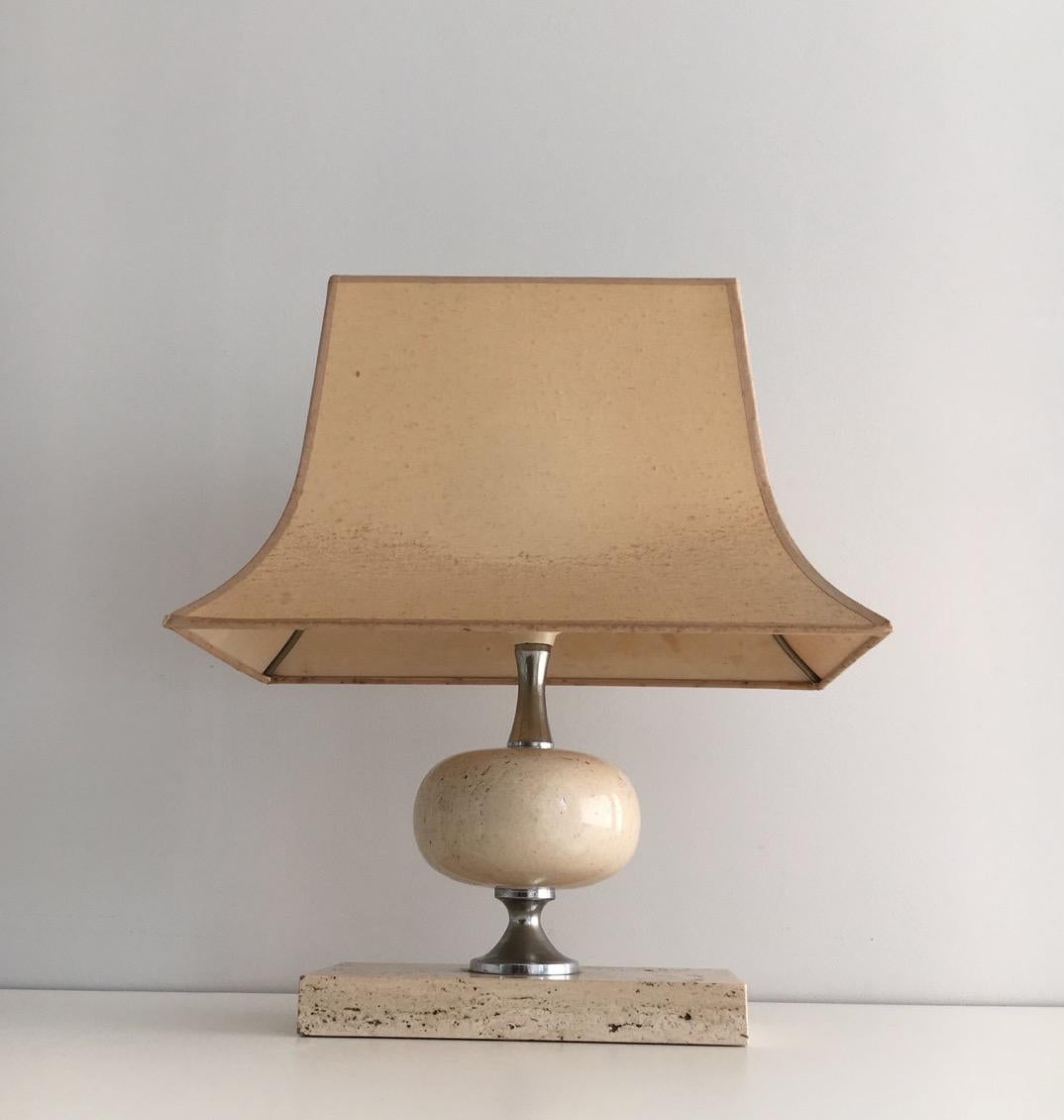 Mid-Century Modern Philippe Barbier, Travertine and Chrome Lamp, French, circa 1970