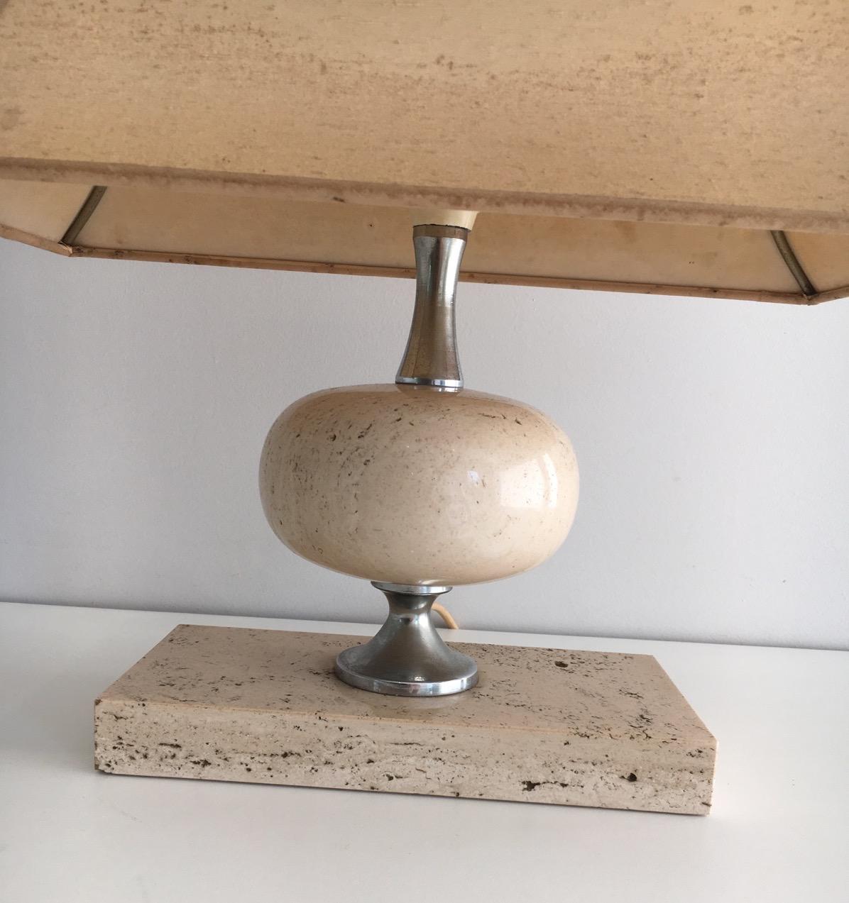 Philippe Barbier, Travertine and Chrome Lamp, French, circa 1970 In Good Condition In Marcq-en-Barœul, Hauts-de-France