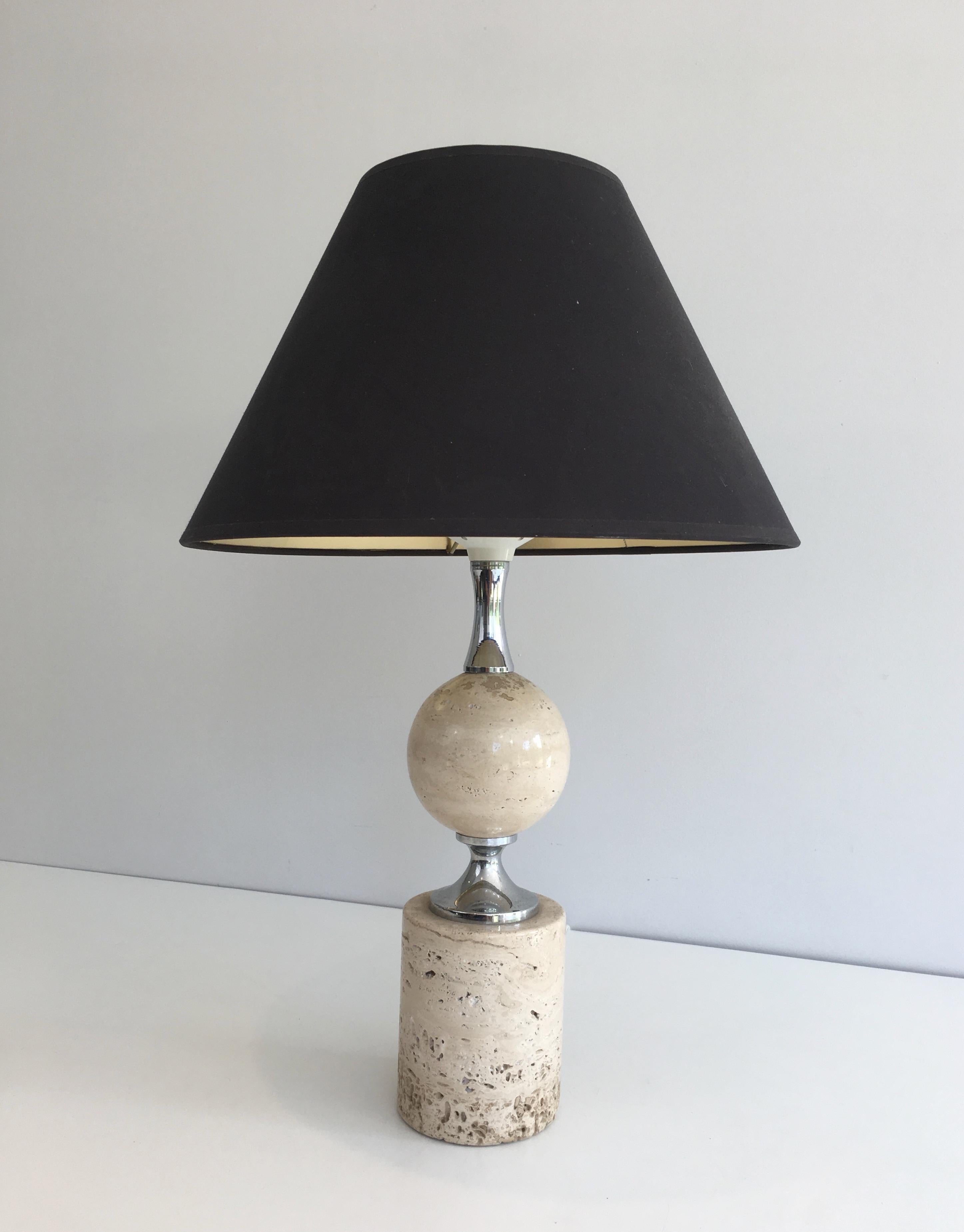 Philippe Barbier, Travertine and Chrome Table Lamp, French, circa 1970 In Good Condition For Sale In Marcq-en-Barœul, Hauts-de-France