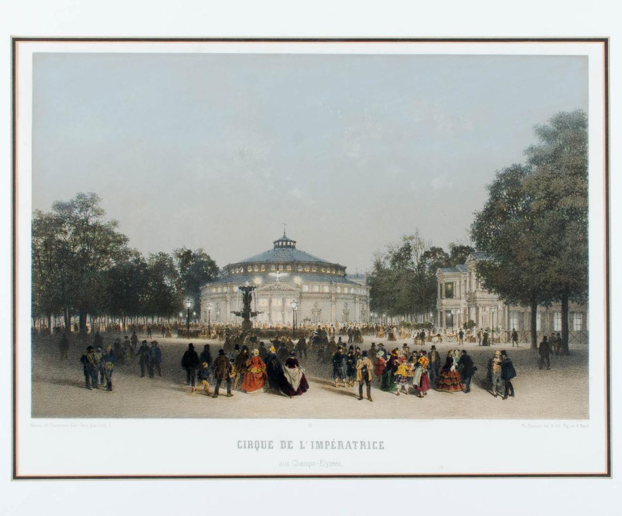 Cirque De L'Impératrice Aux Champs-Elysées 


d'après Paris Dans Sa Splendeur d'Henri Charpentier

Dessin de Philippe Benoist 

Lithographie de E. Ciceri

Chiffres de A. Bayot

Paris, 1861.

Lithographie coloriée à la main.



vue 10 3/4 par 14 3/4