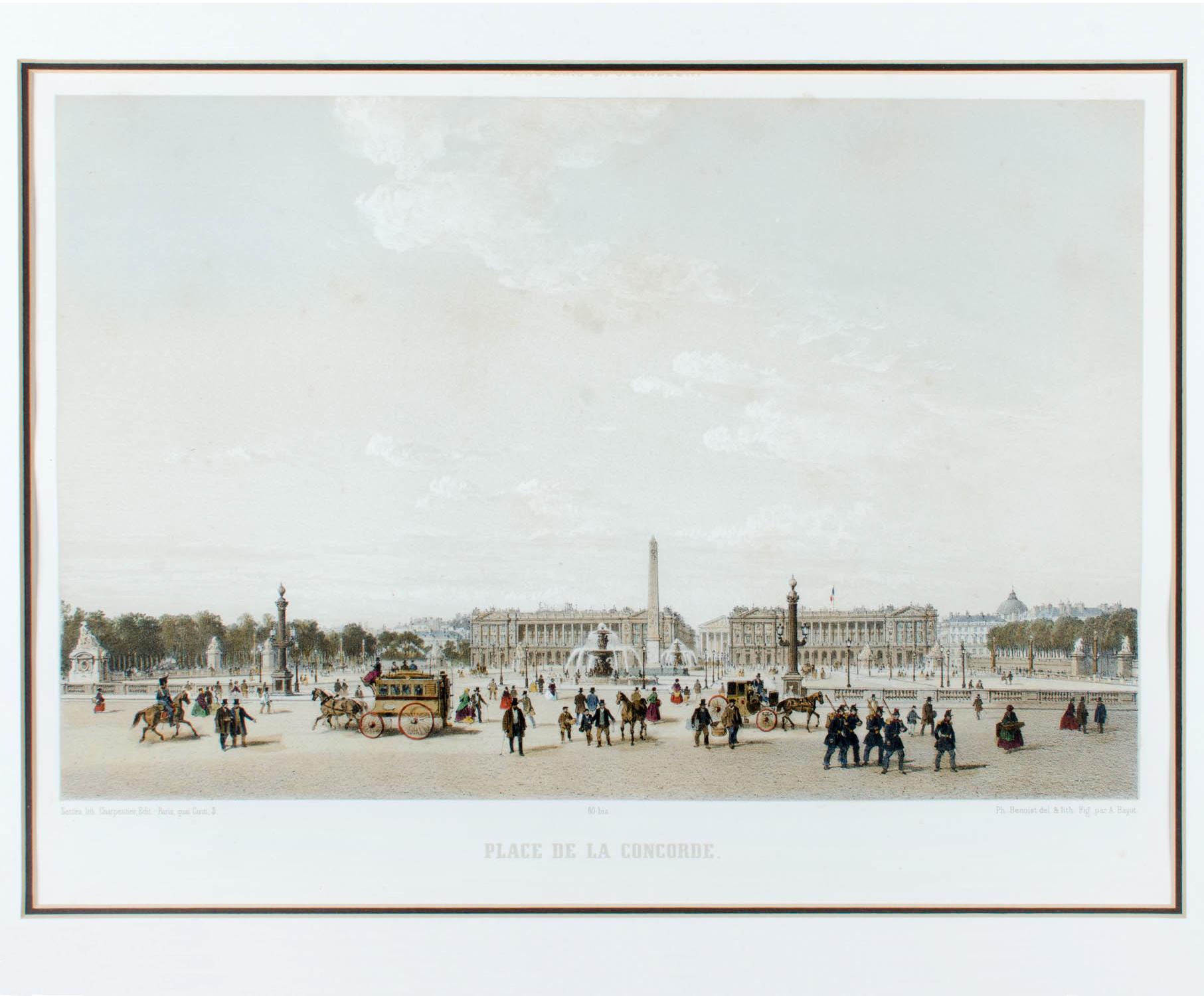 This Place de la Concord 


d'après Paris Dans Sa Splendeur d'Henri Charpentier

Dessin de Philippe Benoist 

Lithographie de E. Ciceri

Chiffres de A. Bayot

Paris, 1861.

Lithographie coloriée à la main.



vue 10 3/4 par 14 3/4 pouces

cadre 17
