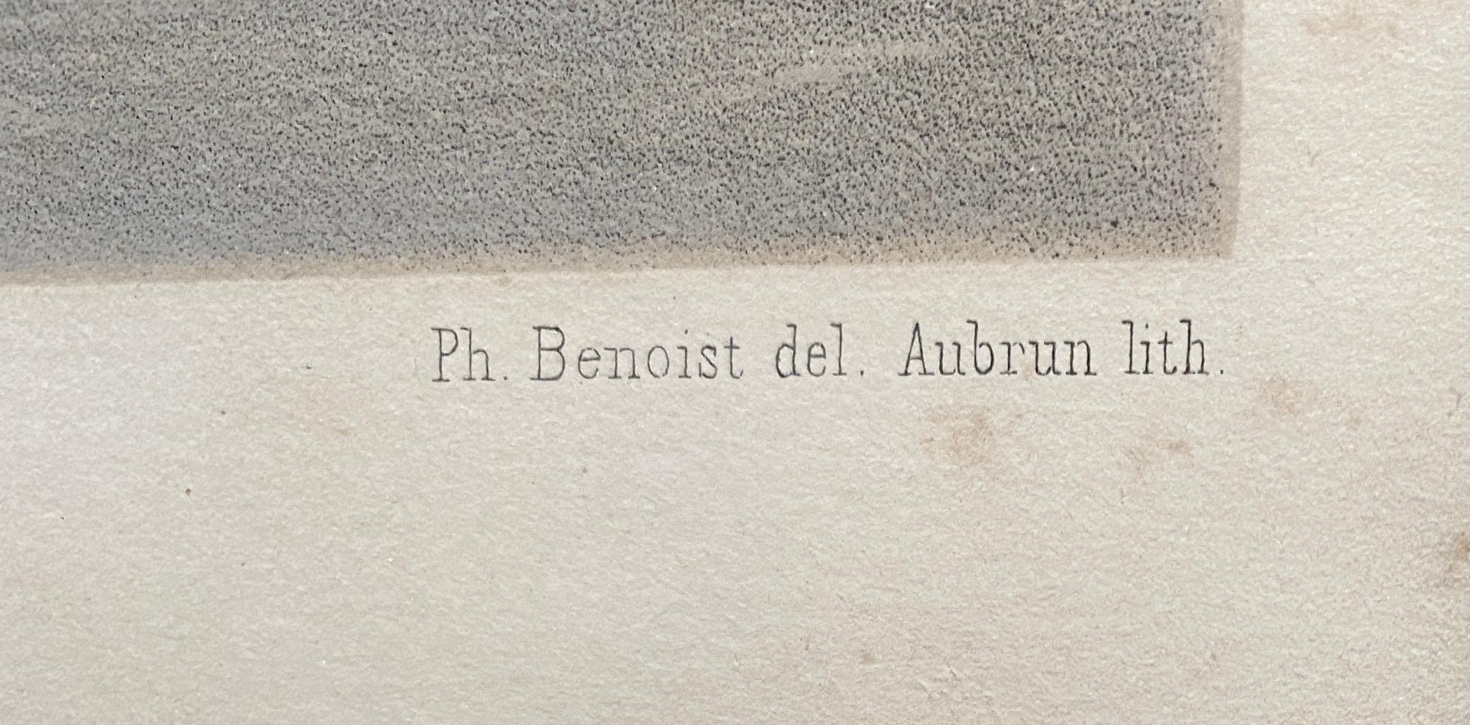 Preciosa litografía en cuatricromía del Louvre junto al Sena, obra de Philippe Benoist.  Es  con doble bastidor azul claro y marco de madera dorada.

Phillip  Benoist fue pintor, dibujante y litógrafo, sobre todo de paisajes y edificios. Nació en