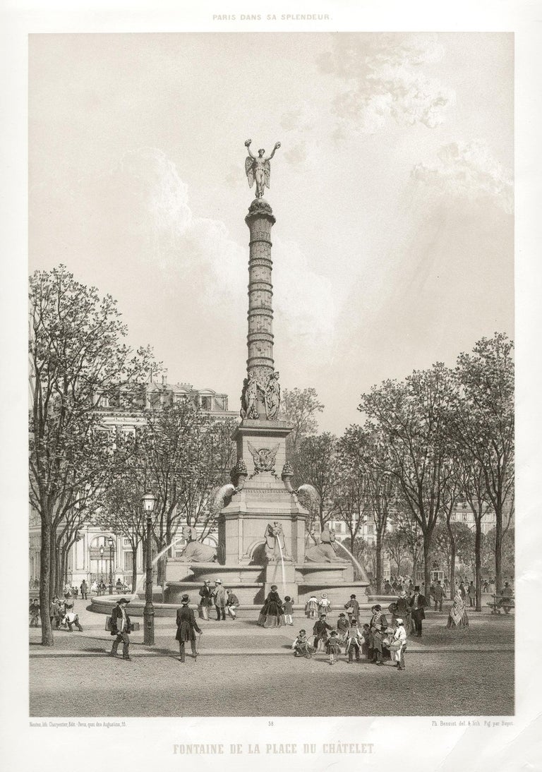 Philippe Benoist Landscape Print - Paris - Fontaine de la Place du Chatelet, French lithograph, 1861
