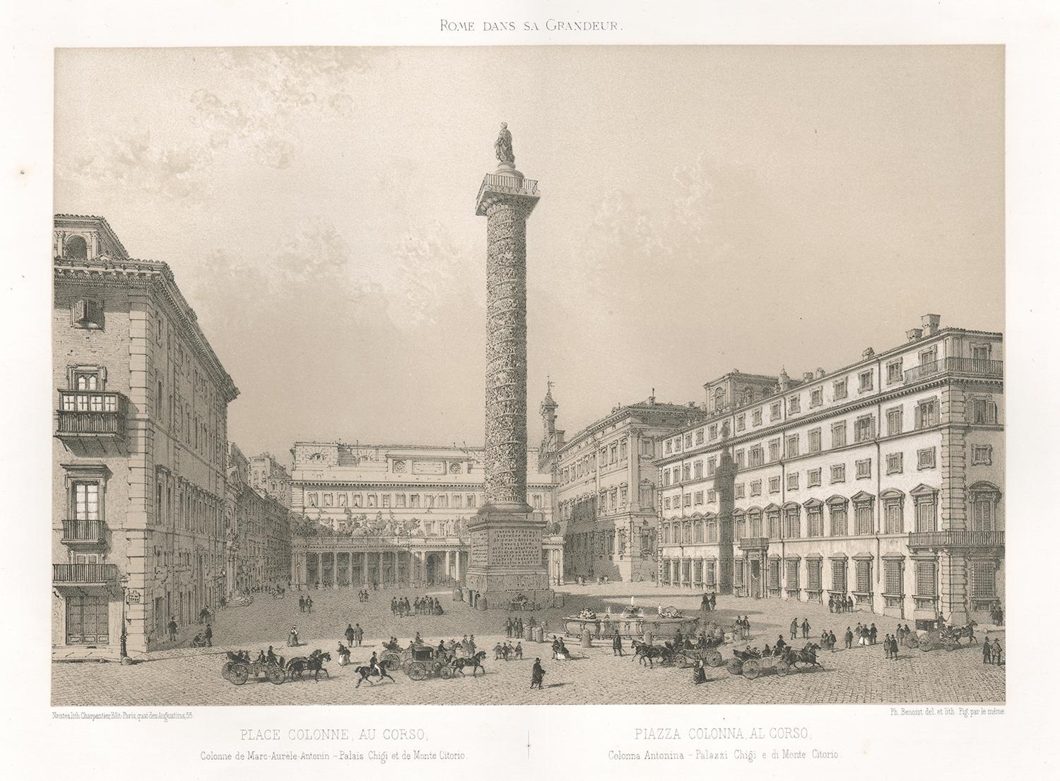 Piazza Colonna, Rome, Italy. Lithograph by Philippe Benoist