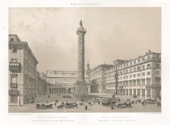 Antique Piazza Colonna, Rome, Italy. Lithograph by Philippe Benoist