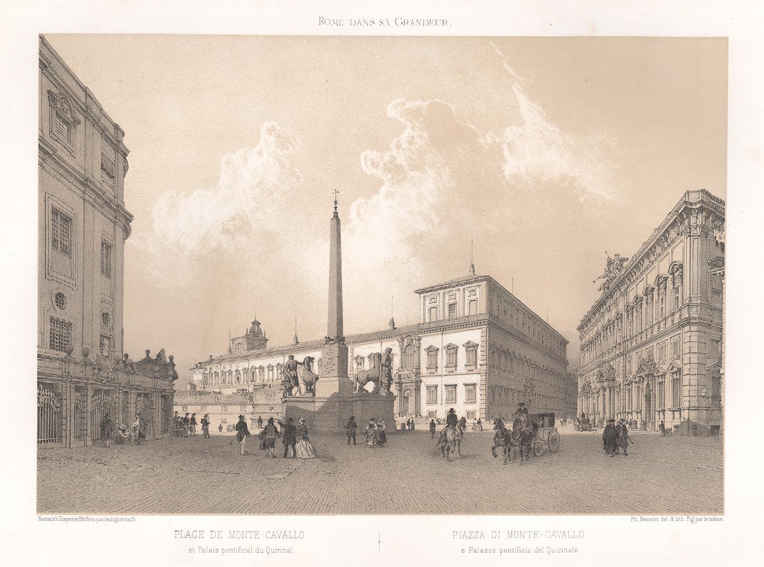 Piazza di Monte Cavallo, Rome, Italy. Tinted lithograph by Philippe Benoist