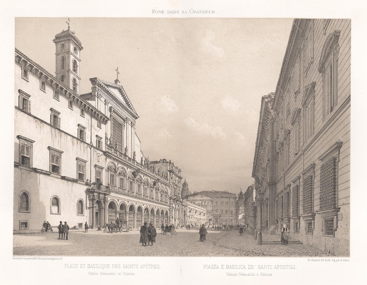 Piazza e Basilica dei Santi Apostoli, Roma, Italia. Litografia, Philippe Benoist