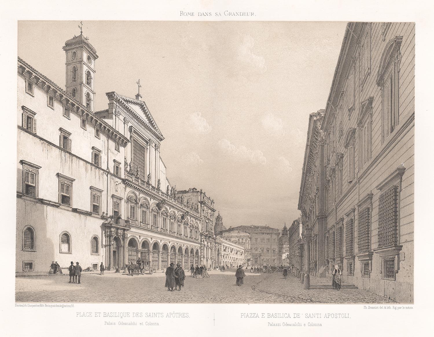 Piazza e Basilica de Santi Apostoli, Rome, Italy. Lithograph, Philippe Benoist