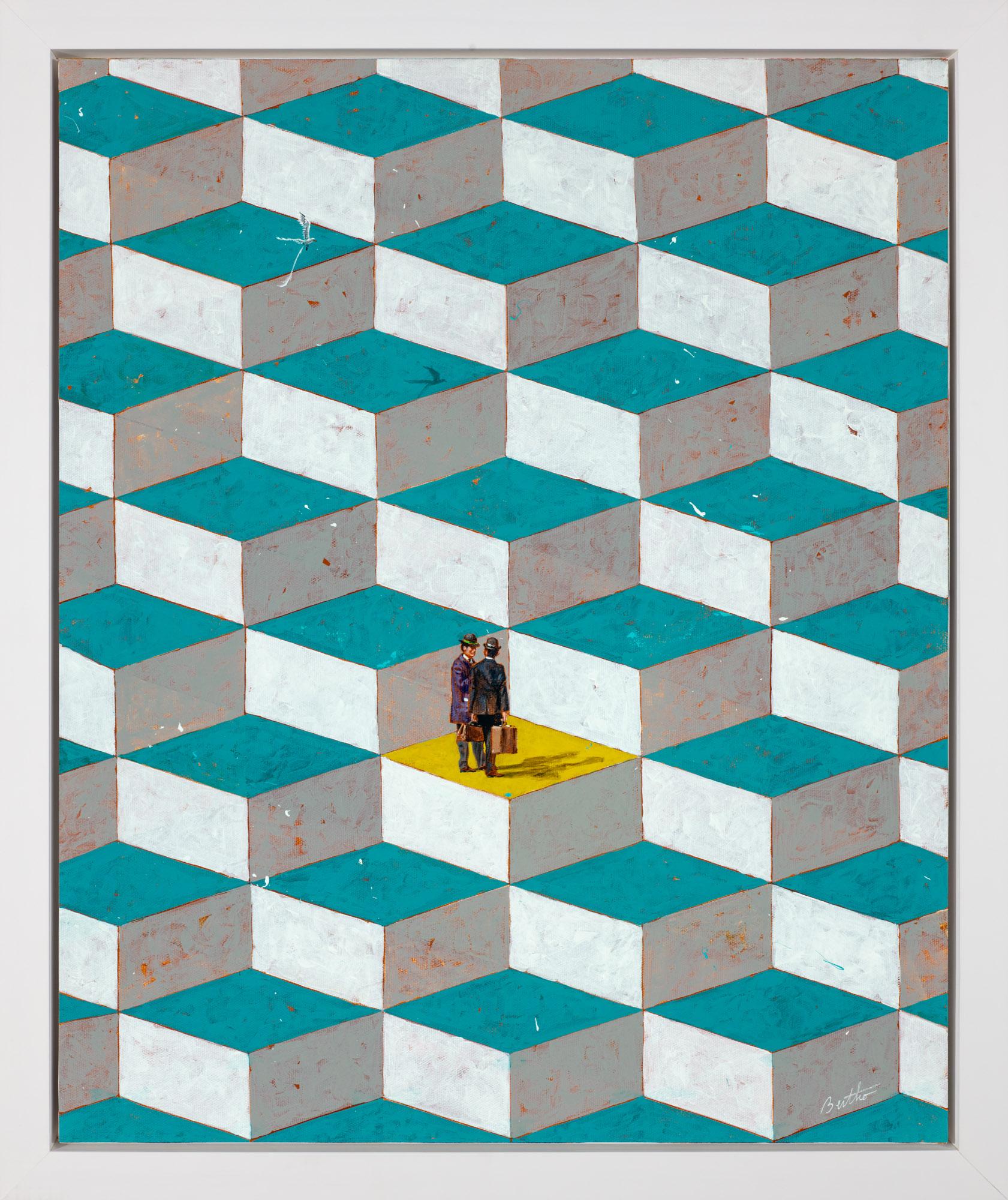 On the Yellow - Gray Figurative Painting by Philippe Bertho