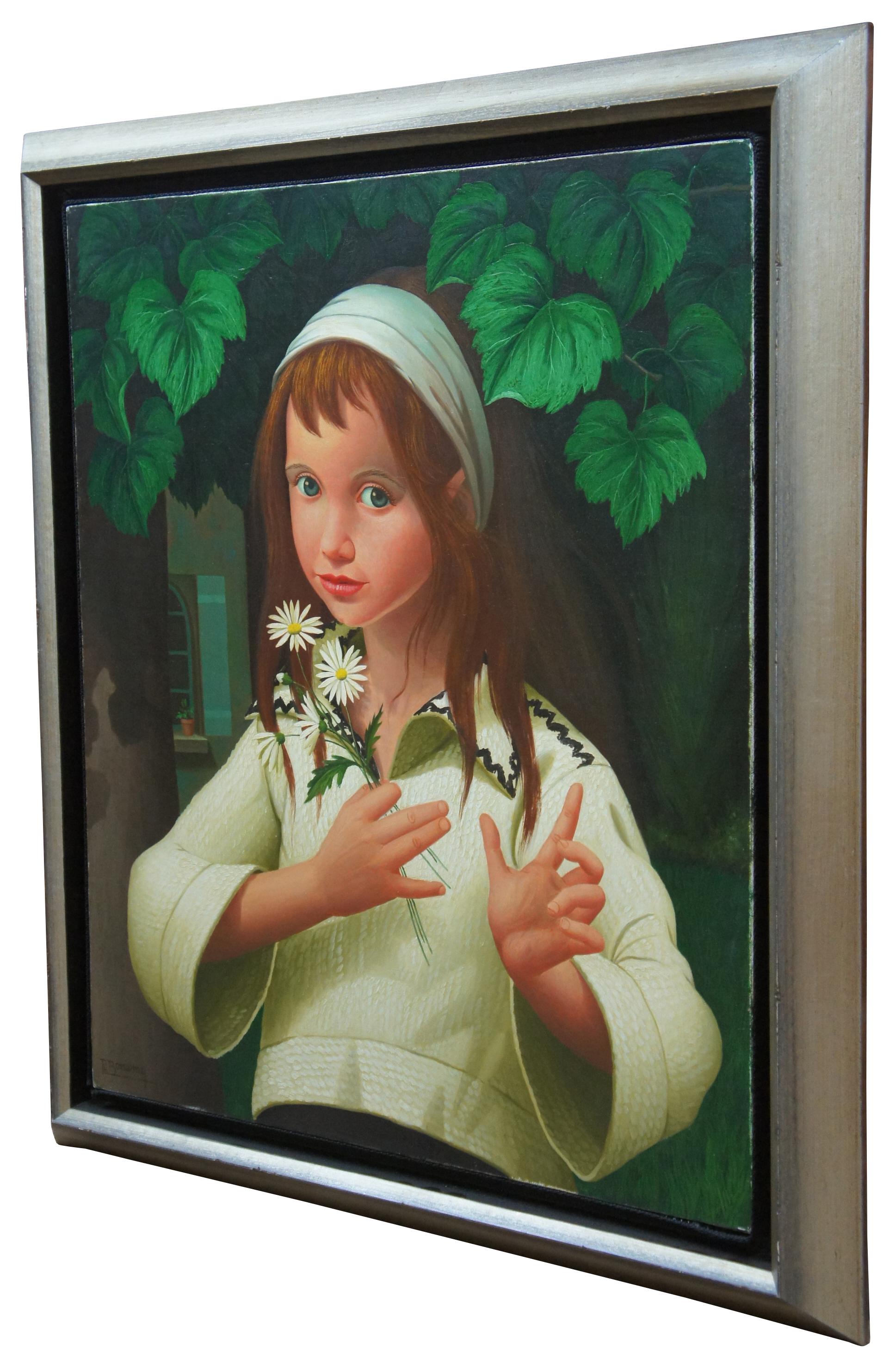 Original oil on canvas portrait by Philippe Bonamy of a girl with light brown hair, wearing a white shirt and headband, holding daisies. / Philippe Bonamy (b. 1926) is an active artist living in France. Signed lower left.
  
Sans Frame - 21.25” x