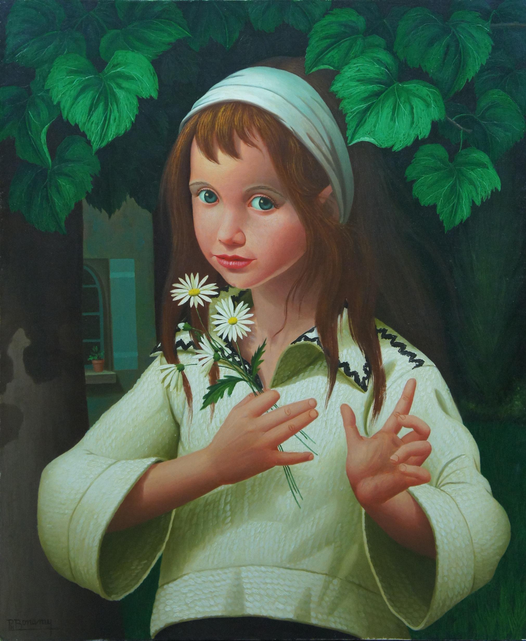 Canvas Philippe Bonamy 'French, b.1926' Oil Portrait Painting Girl with Daisies