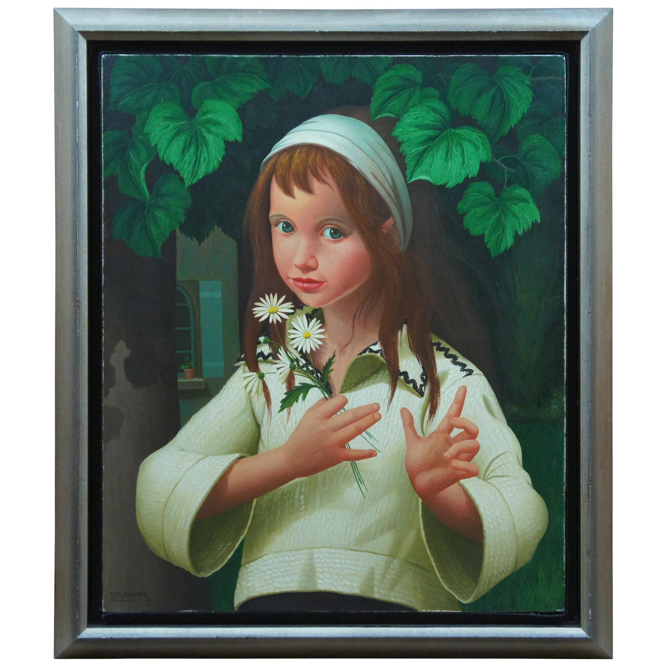 Philippe Bonamy 'French, b.1926' Oil Portrait Painting Girl with Daisies