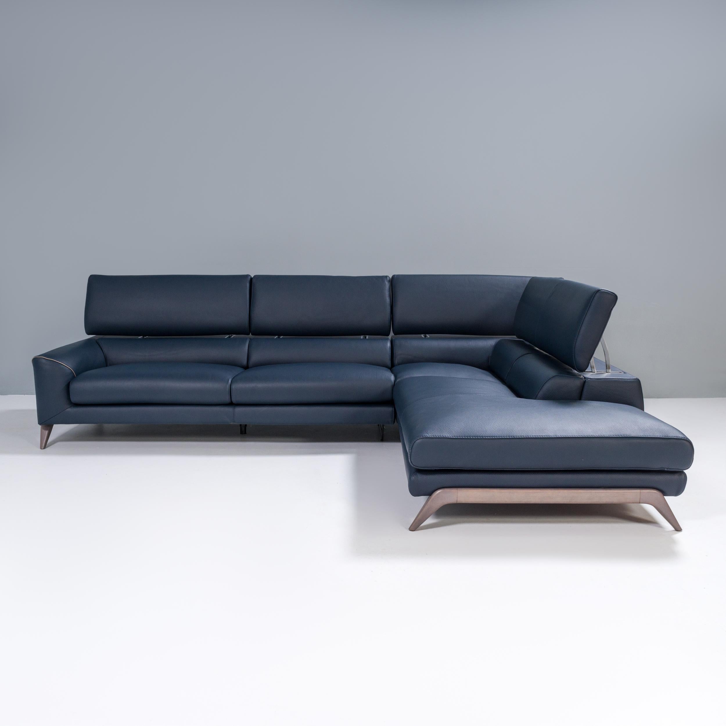 French  Roche Bobois by Philippe Bouix Navy Blue Leather Cinephile Corner Sofa, 2018