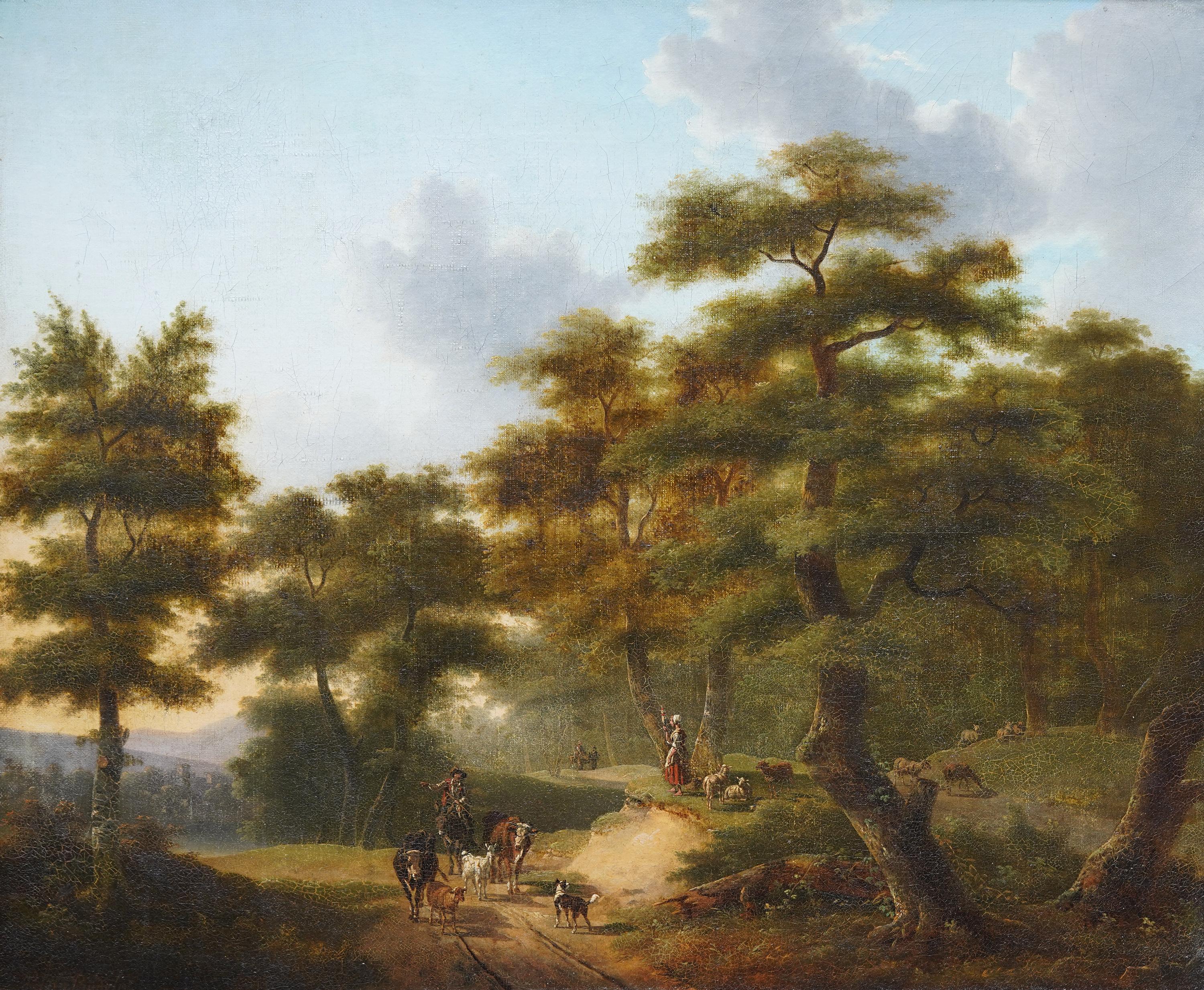 Figure e bovini su un sentiero nel bosco - Quadro ad olio di paesaggio figurativo francese in vendita 6