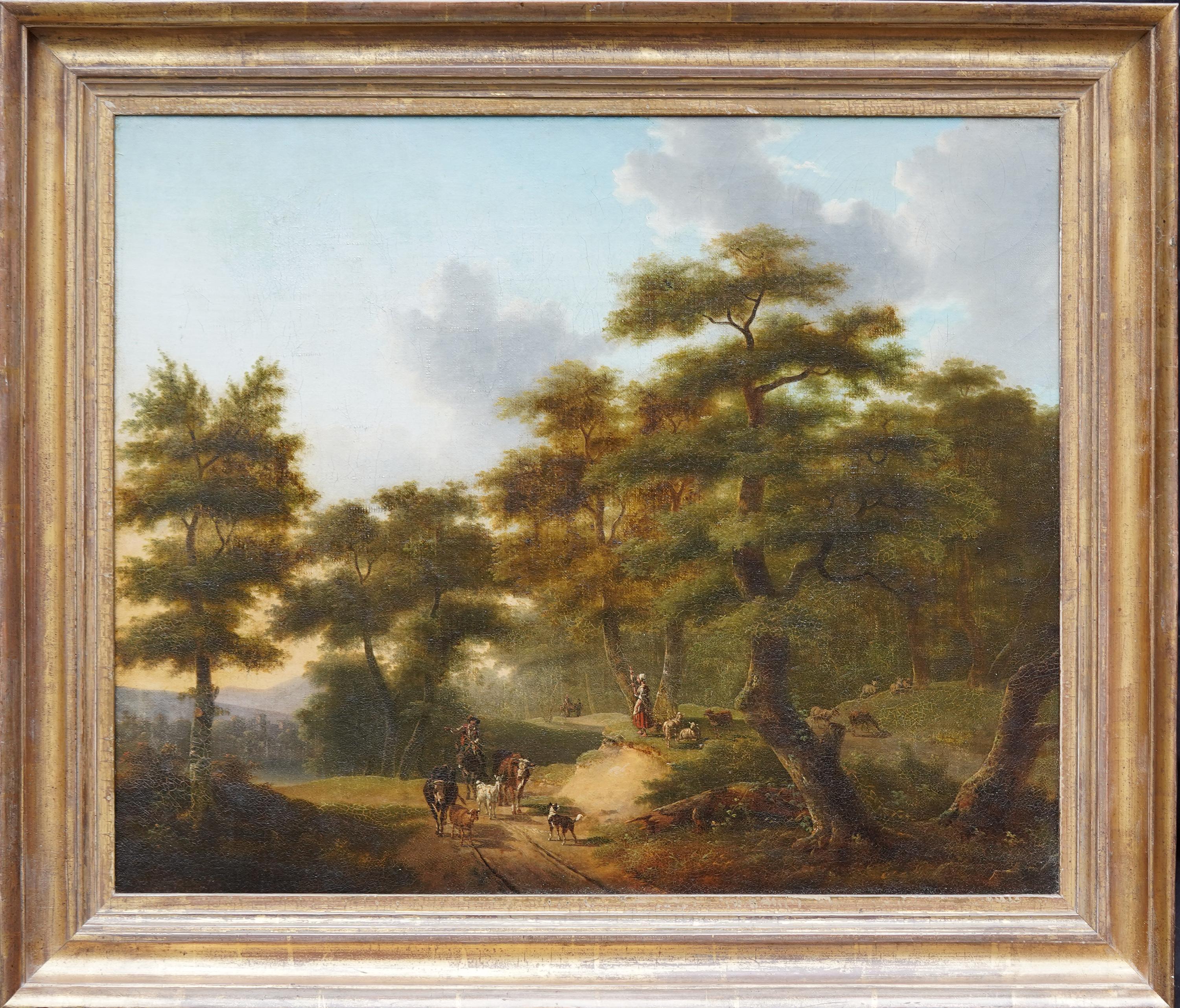 Figure e bovini su un sentiero nel bosco - Quadro ad olio di paesaggio figurativo francese in vendita 7