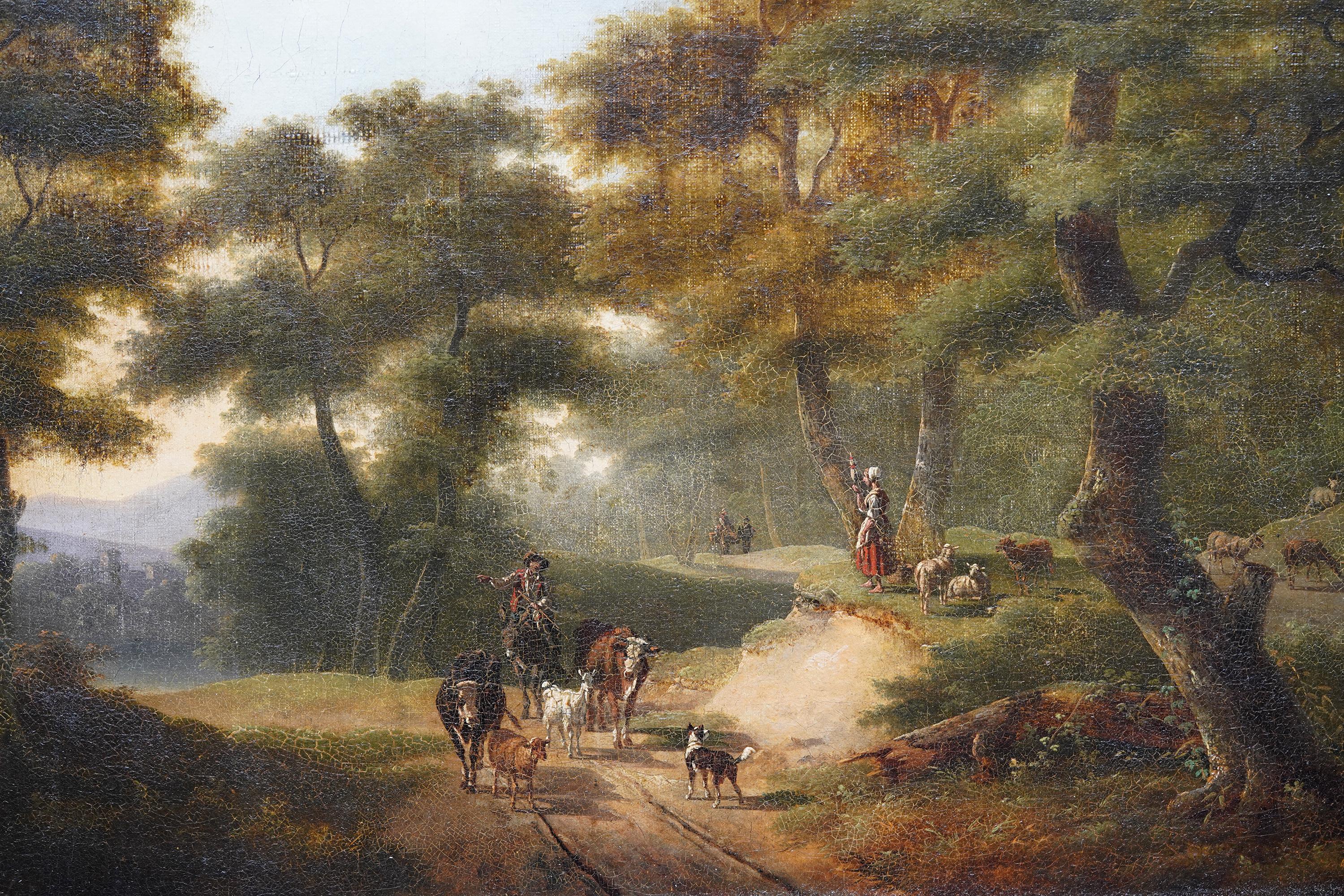 Figure e bovini su un sentiero nel bosco - Quadro ad olio di paesaggio figurativo francese - Painting Antichi maestri di  Philippe Budelot