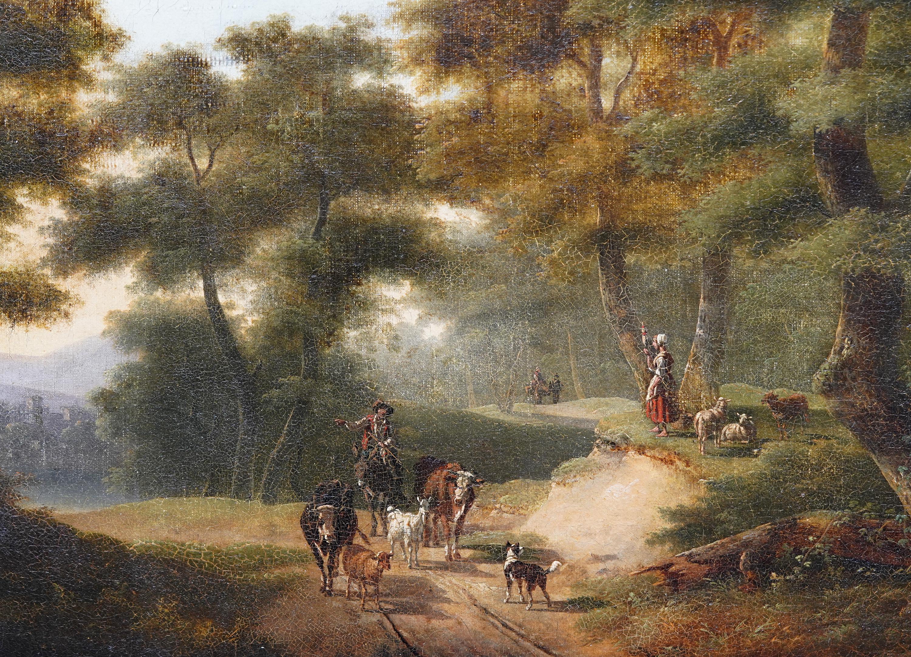 Figure e bovini su un sentiero nel bosco - Quadro ad olio di paesaggio figurativo francese - Landscape Painting Marrone di  Philippe Budelot