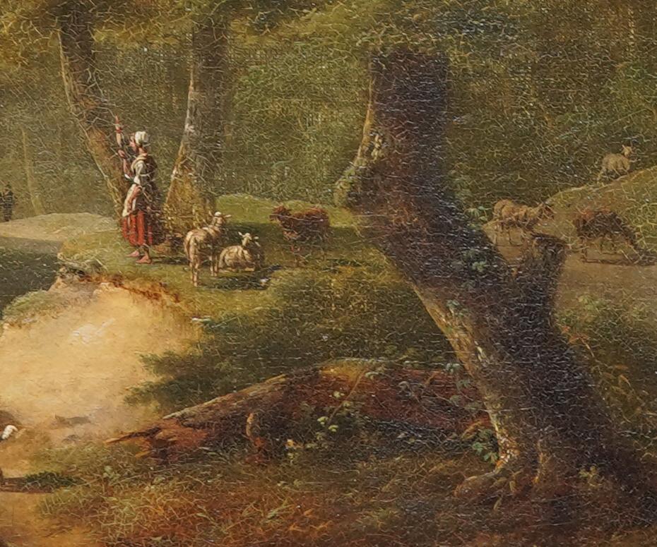 Questo affascinante dipinto a olio French Old Master è opera del noto artista francese Philippe Budelot. Dipinta intorno al 1800, la composizione è costituita da figure che percorrono un sentiero nel bosco vicino a un lago. In primo piano c'è un