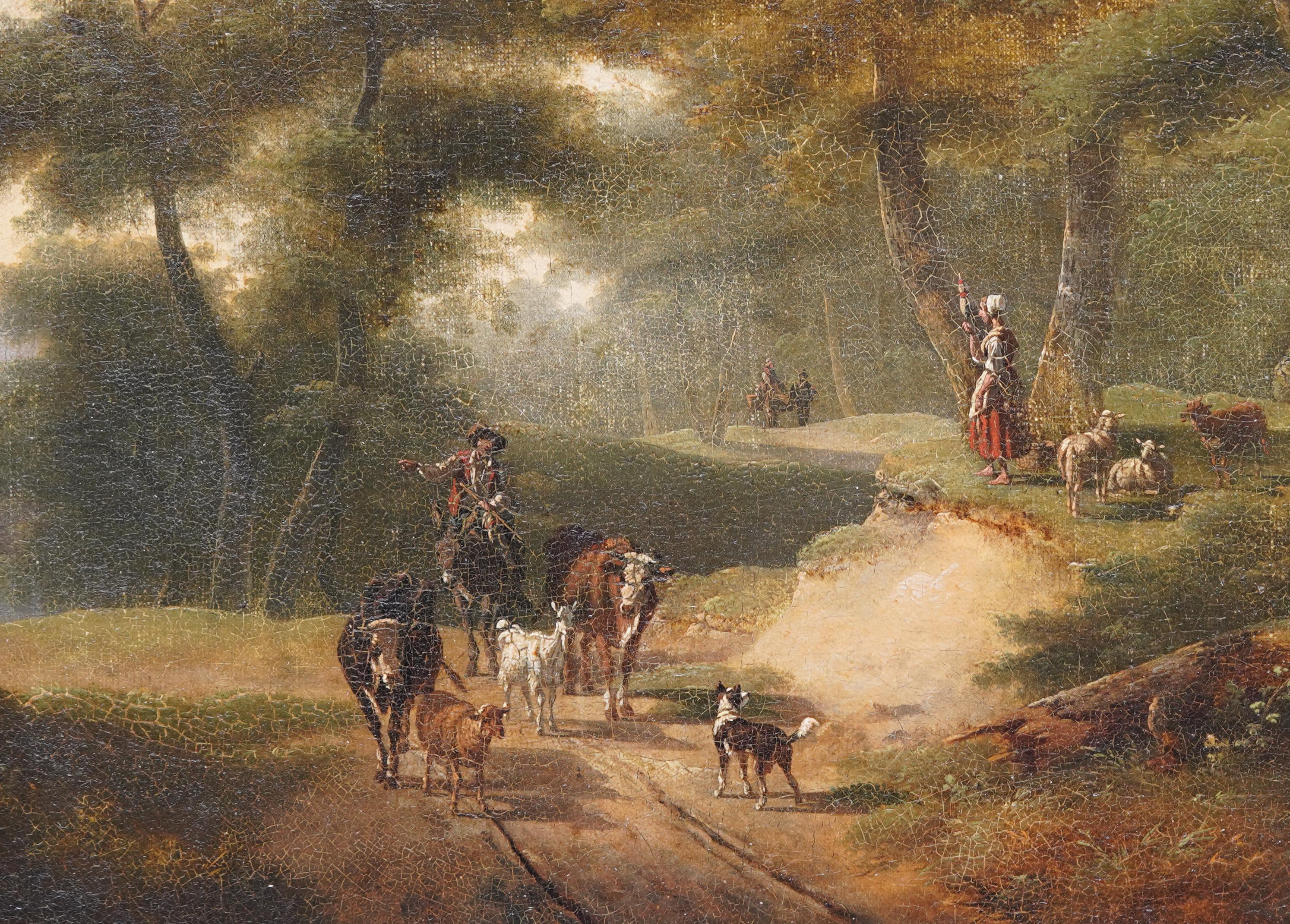 Figure e bovini su un sentiero nel bosco - Quadro ad olio di paesaggio figurativo francese in vendita 1