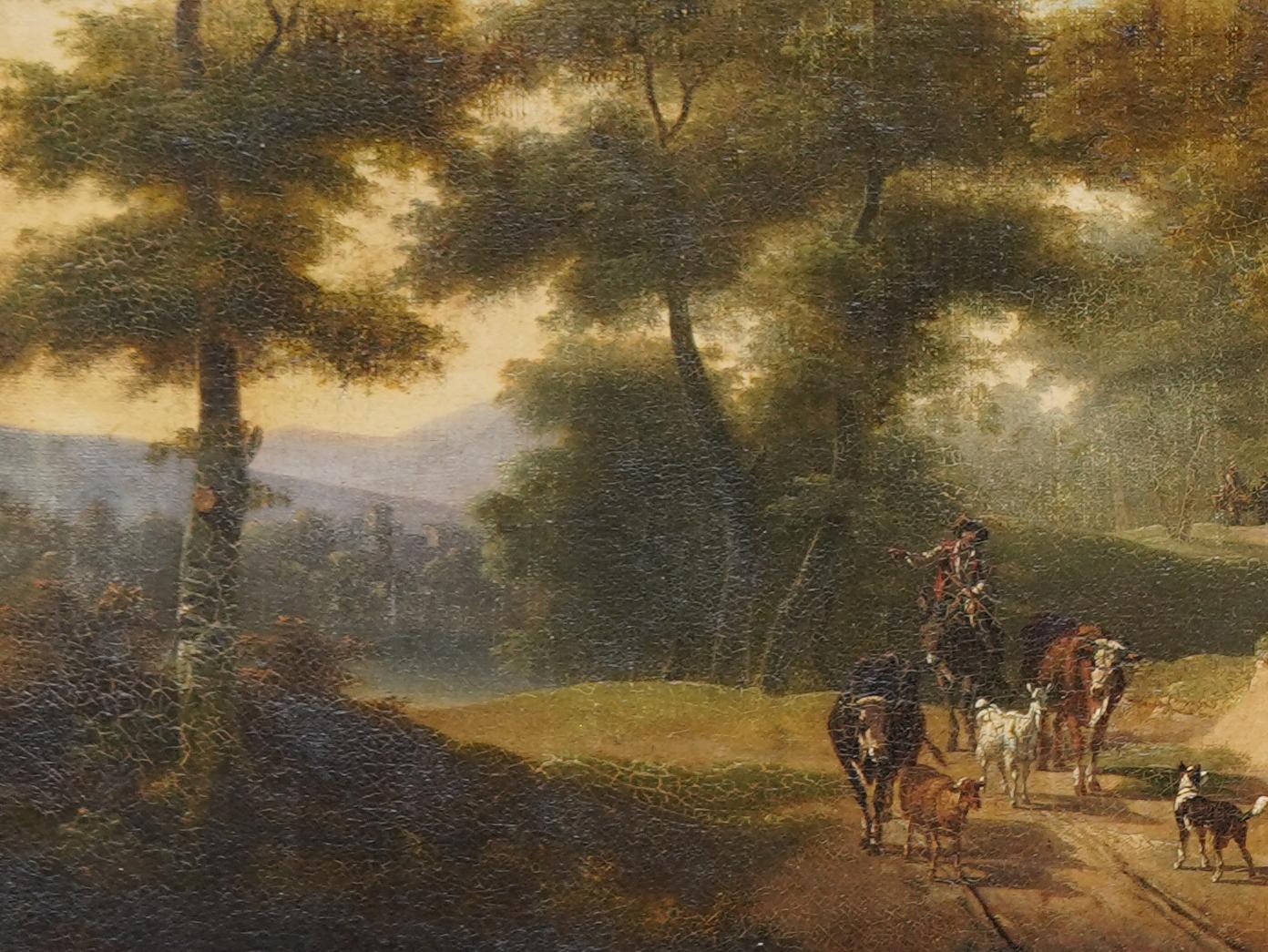 Figure e bovini su un sentiero nel bosco - Quadro ad olio di paesaggio figurativo francese in vendita 2