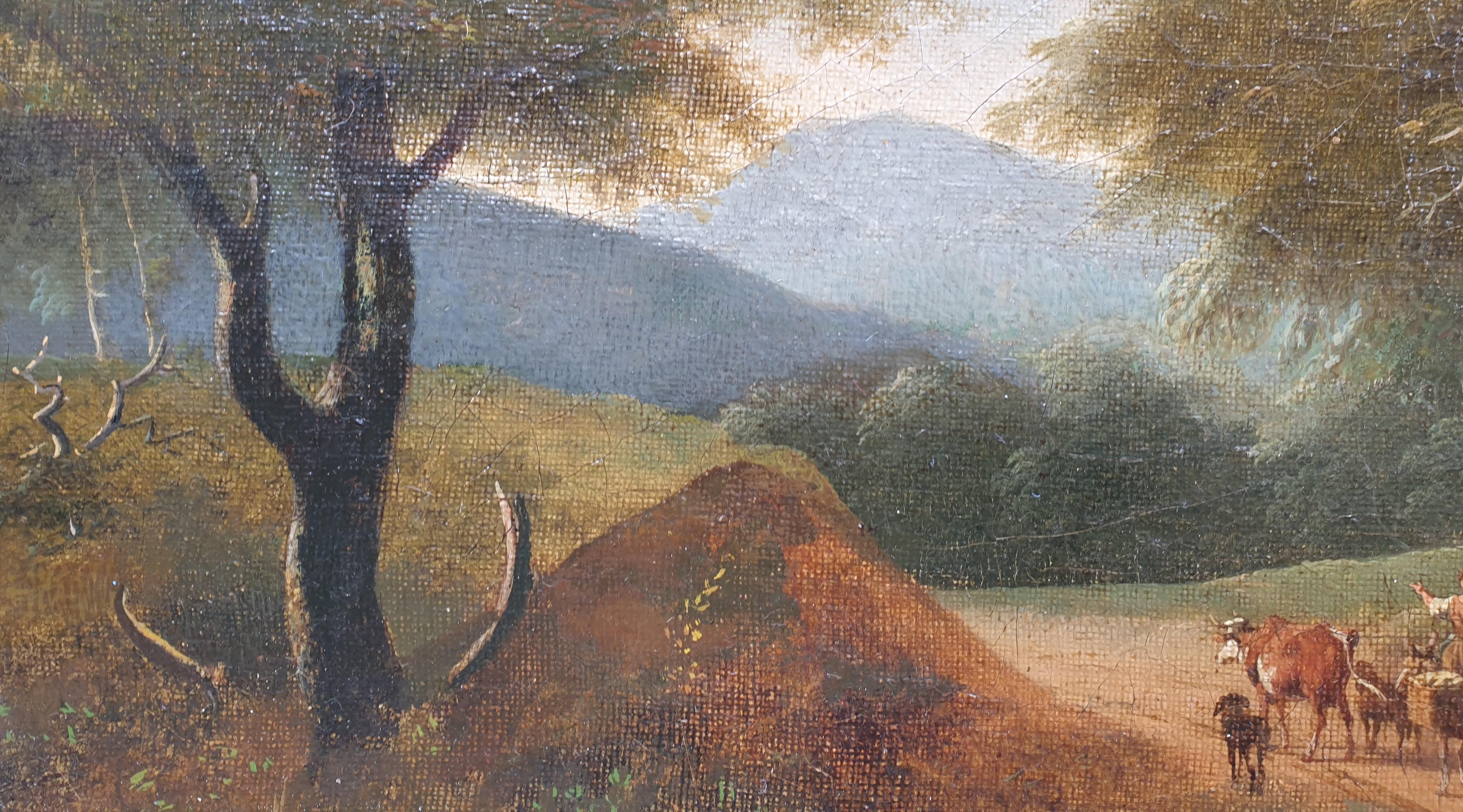 Philippe BUDELOT 
1770 - 1841
Óleo sobre lienzo
32 x 41 cm (47 x 56 cm con marco)
Bonito marco de época Imperio

Hermoso cuadro paisajístico de la escuela neoclásica francesa. La delicadeza de los árboles, las pequeñas figuras muy coloridas y la