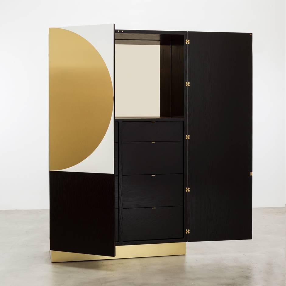 American PHILIPPE CABINET - Modern Geometric Brass Inlay on a Oak and Acrylic Body. For Sale