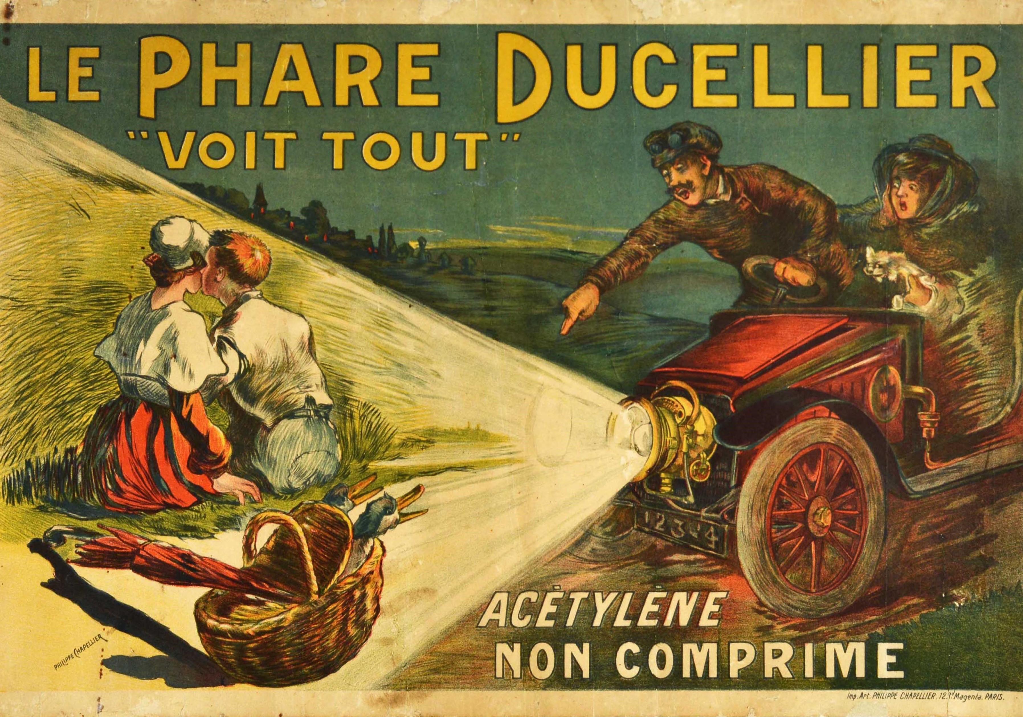 Original Antikes Original-Werbeplakat „Le Phare Ducellier“, Auto-Kopfleuchten, „Sees All“ – Print von Philippe Chapellier