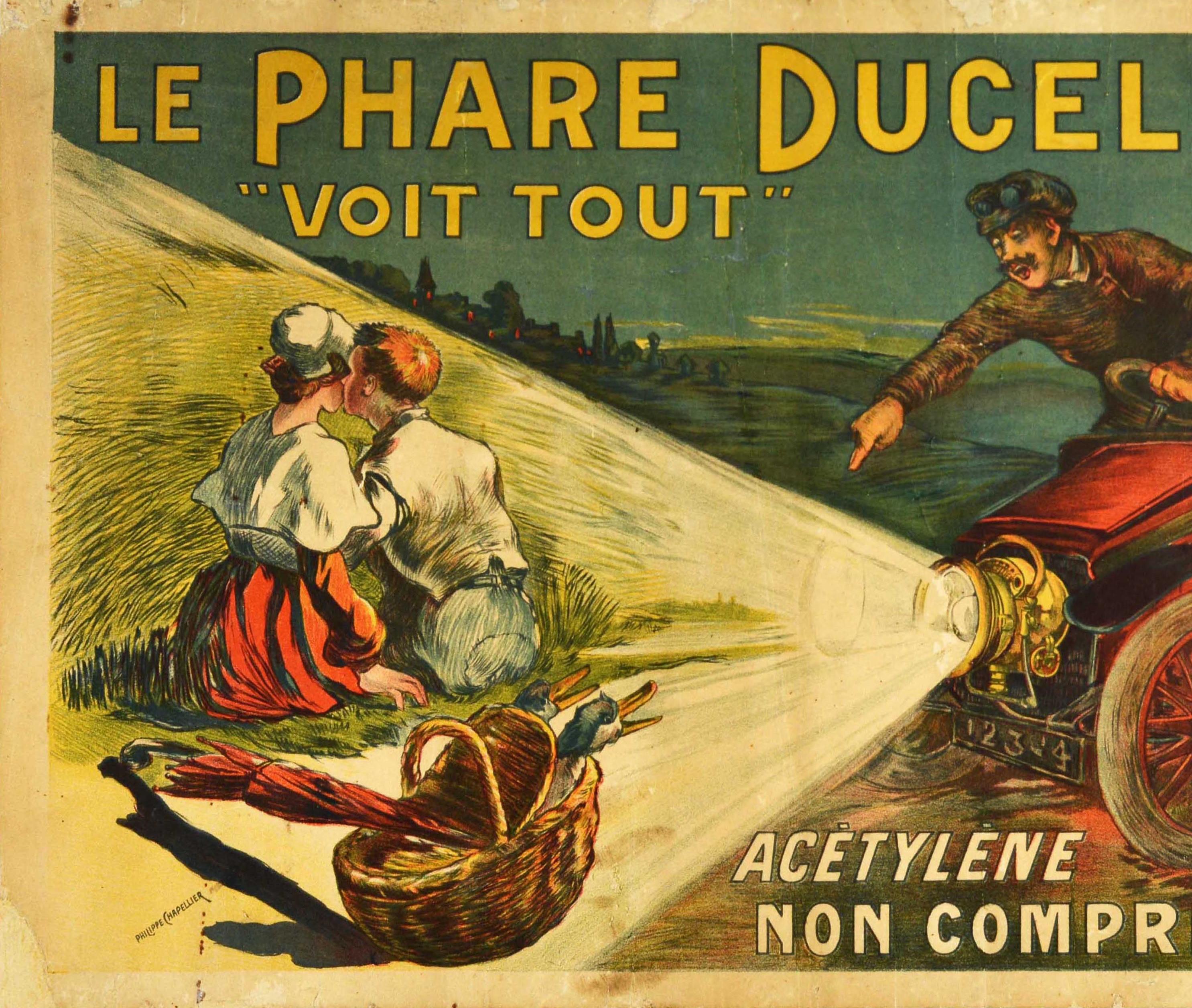 Original Antikes Original-Werbeplakat „Le Phare Ducellier“, Auto-Kopfleuchten, „Sees All“ (Braun), Print, von Philippe Chapellier