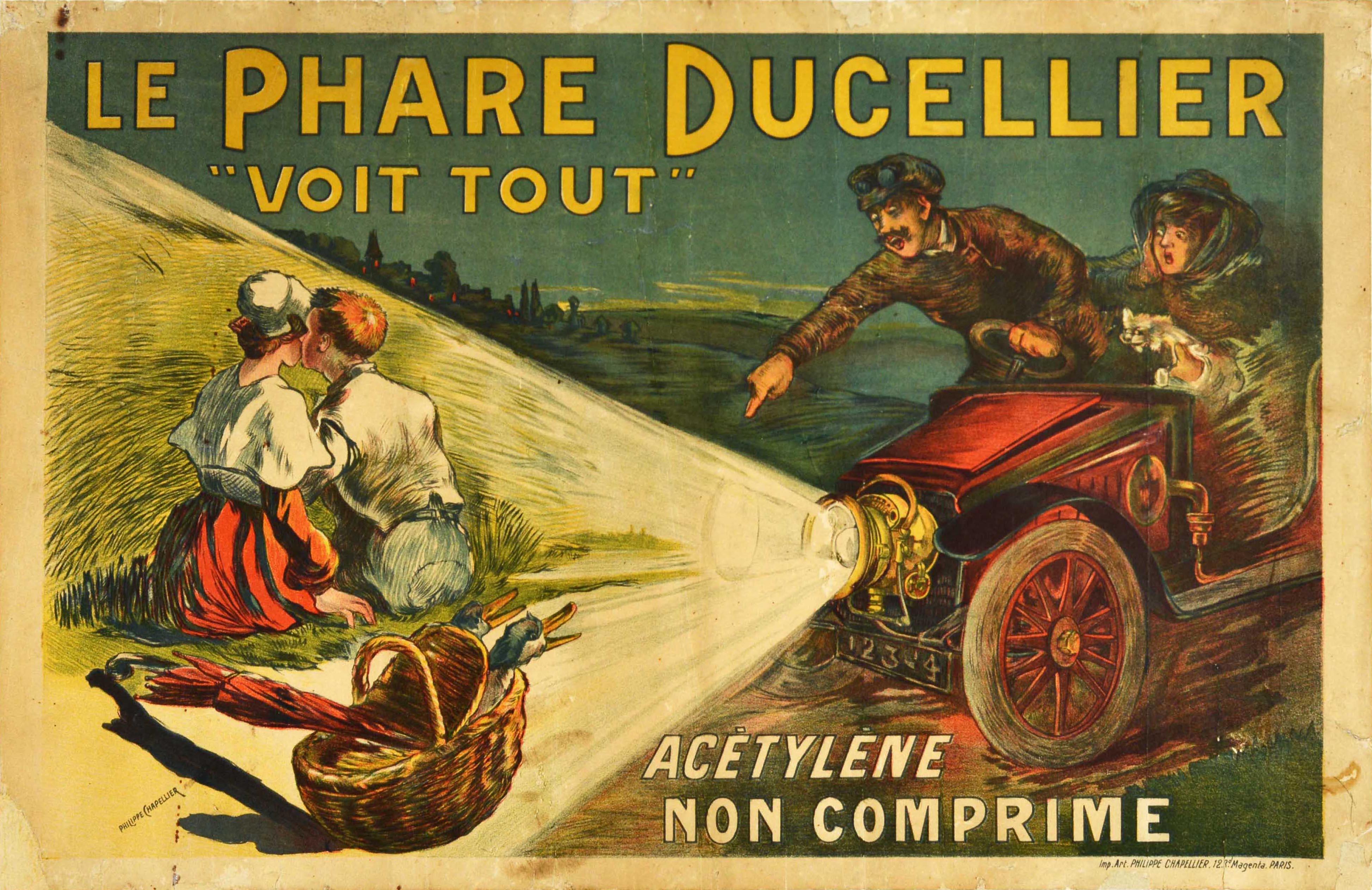 Philippe Chapellier Print – Original Antikes Original-Werbeplakat „Le Phare Ducellier“, Auto-Kopfleuchten, „Sees All“