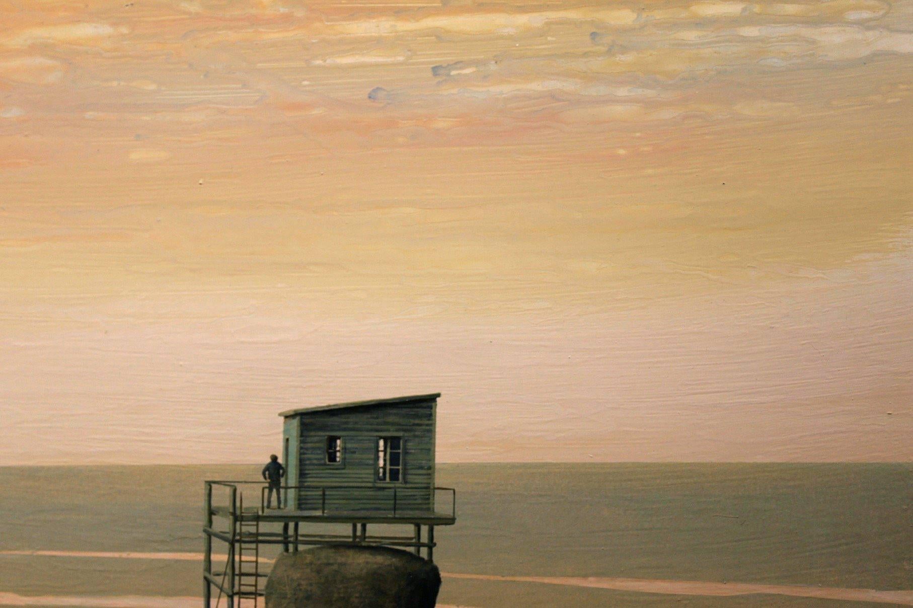 This oil painting on wood depicts a vast, empty ocean landscape without water. Though a surrealist painting, Jacquet renders this piece with extreme precision and detail. He uses a pale, muted color palette to emphasize the faint, fading colors in