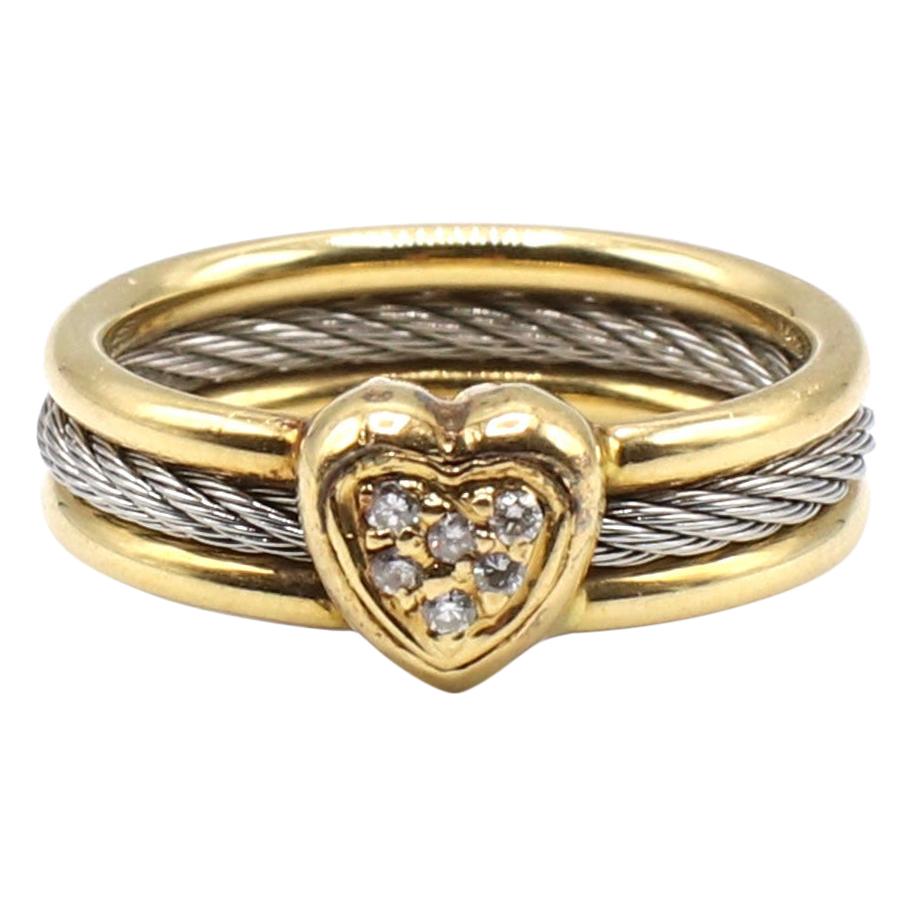 Philippe Charriol 18 Karat and Stainless Steel Heart Cluster Diamond Cable Ring