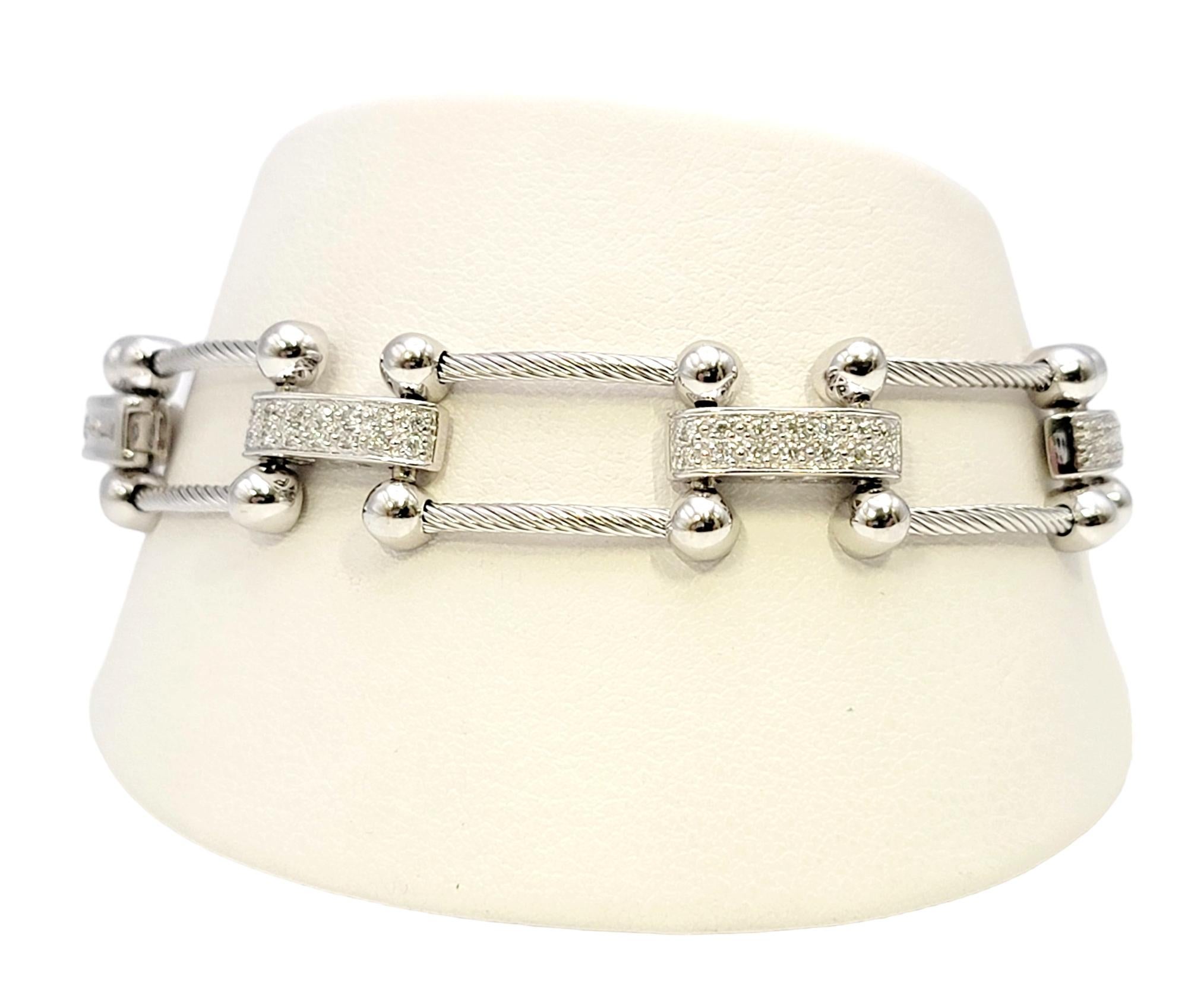 Philippe Charriol 18 Karat White Gold Pave Diamond Bar Cable Link Bracelet For Sale 3