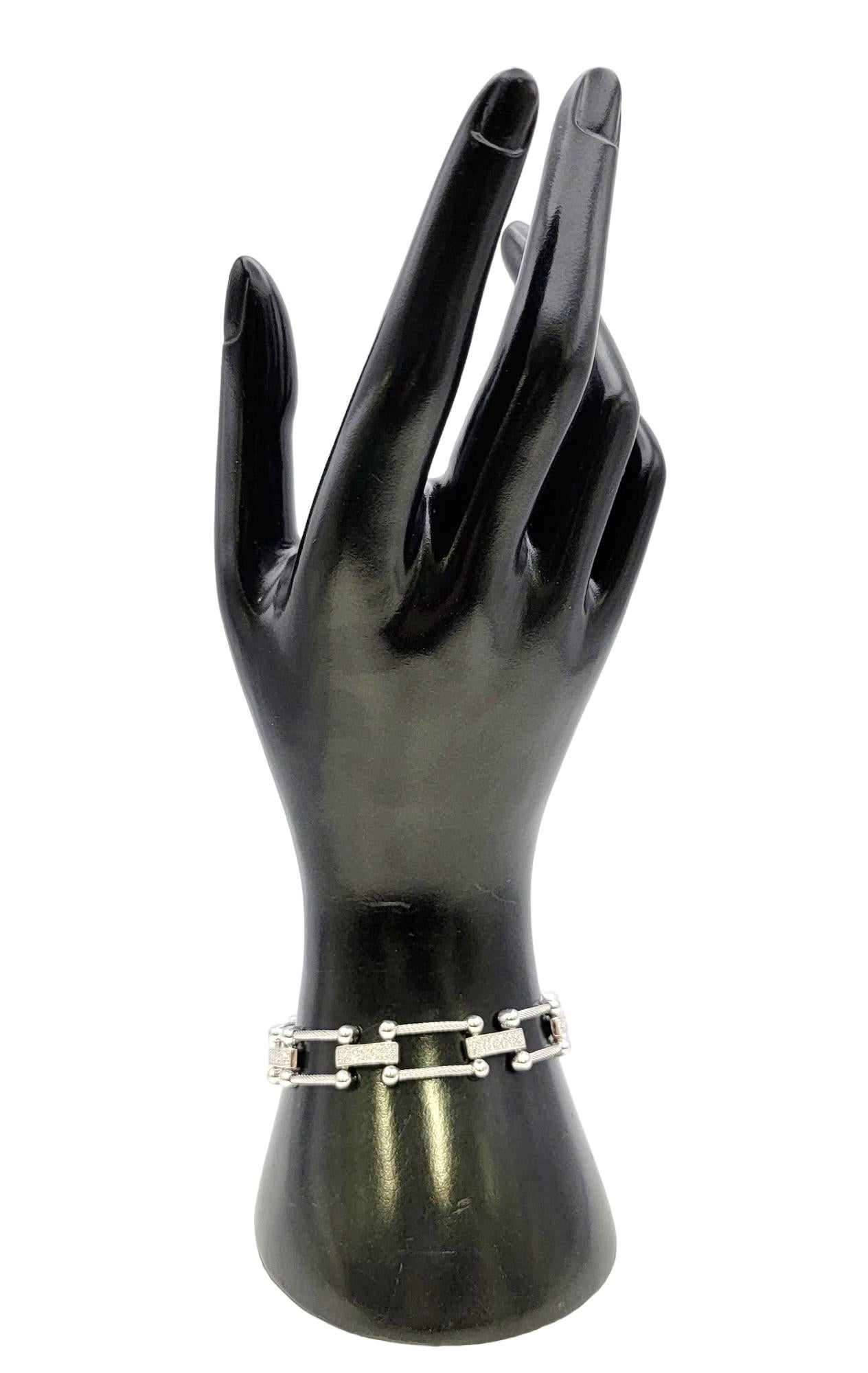 Philippe Charriol 18 Karat White Gold Pave Diamond Bar Cable Link Bracelet For Sale 6