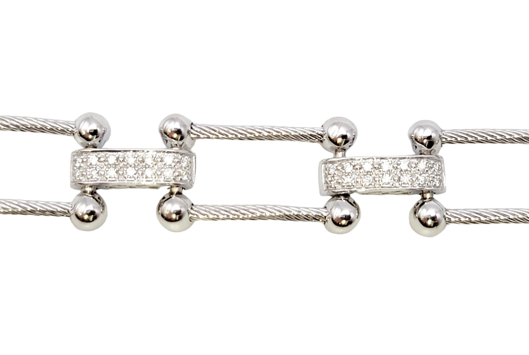 Contemporary Philippe Charriol 18 Karat White Gold Pave Diamond Bar Cable Link Bracelet For Sale