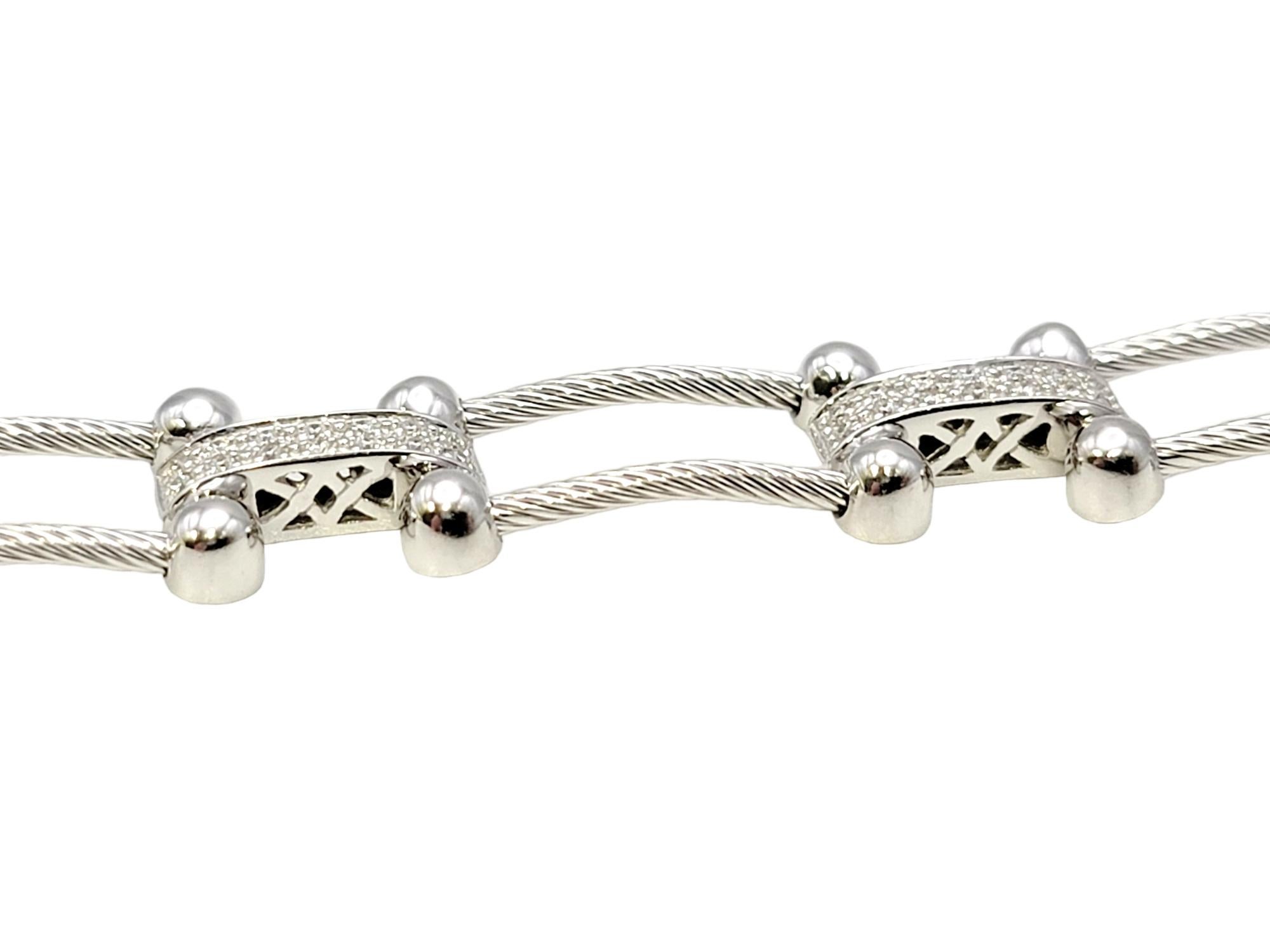Round Cut Philippe Charriol 18 Karat White Gold Pave Diamond Bar Cable Link Bracelet For Sale