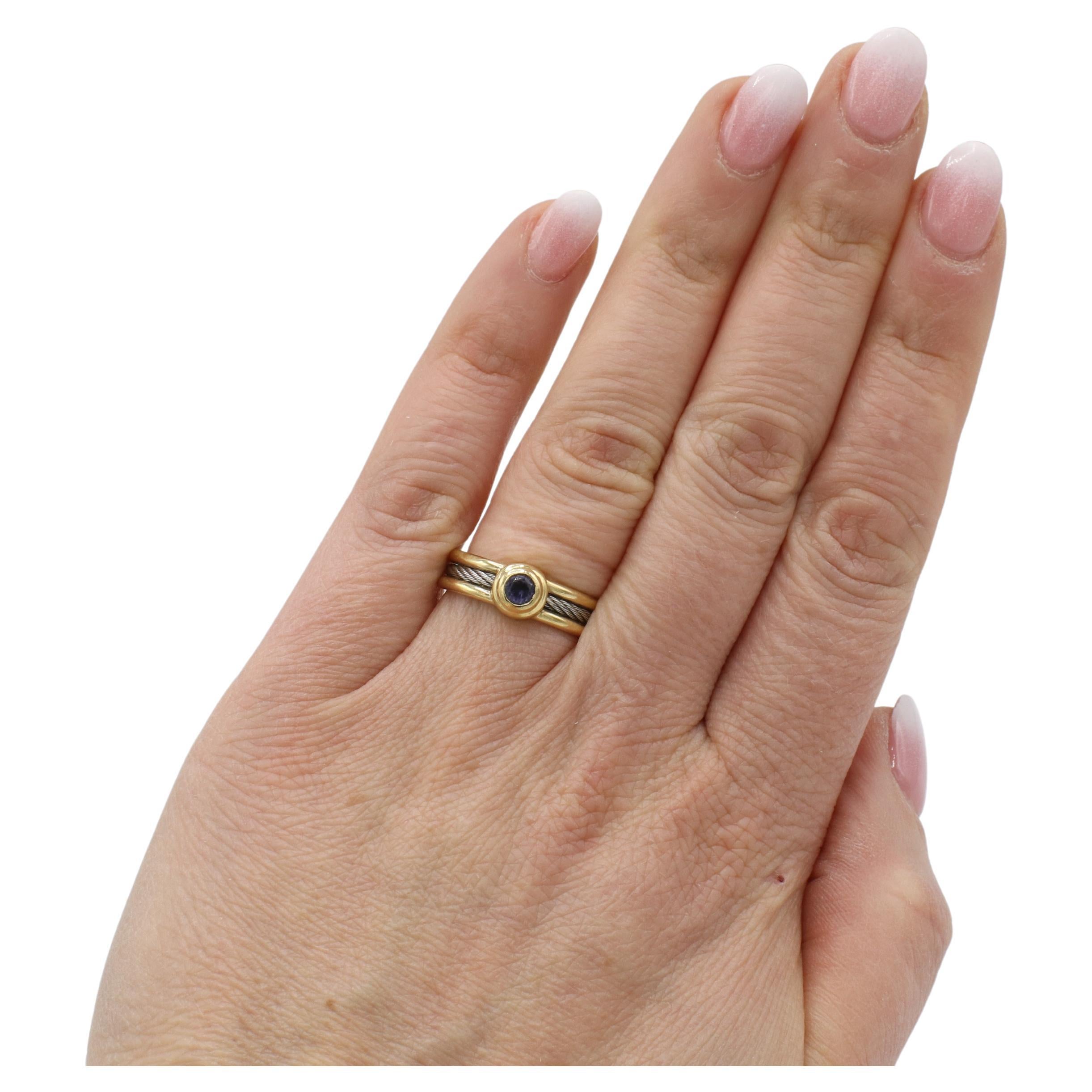 Philippe Charriol 18 Karat Yellow Gold & Steel Cable Amethyst Purple Ring In Good Condition For Sale In  Baltimore, MD