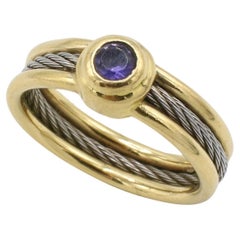 Vintage Philippe Charriol 18 Karat Yellow Gold & Steel Cable Amethyst Purple Ring 