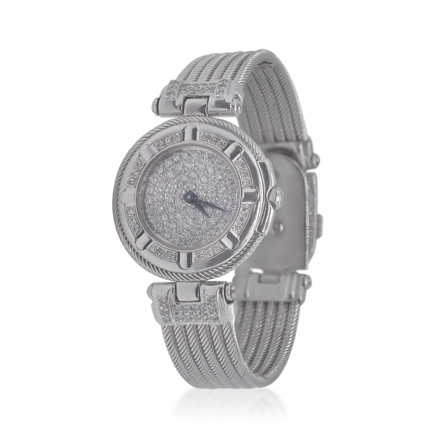Philippe Charriol 18K White Gold and Diamond Watch  (70.1 total grams) with diamond bezel and diamond dial (62 diamonds 1.40mm and 52 diamonds, 1.25mm each)  1.45ct total weight. 