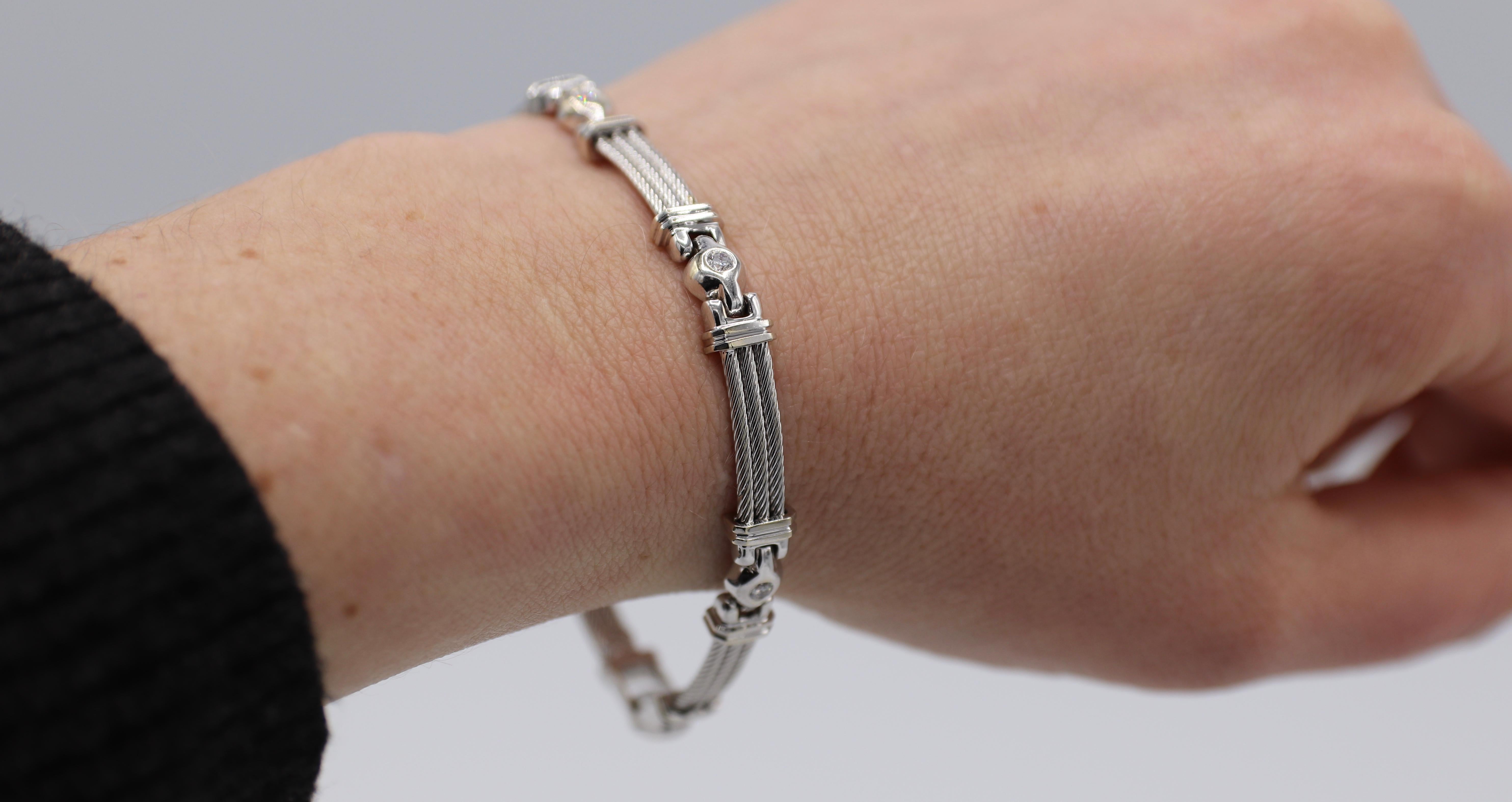 Round Cut Philippe Charriol 18 Karat White Gold Diamond and Steel Line Bracelet